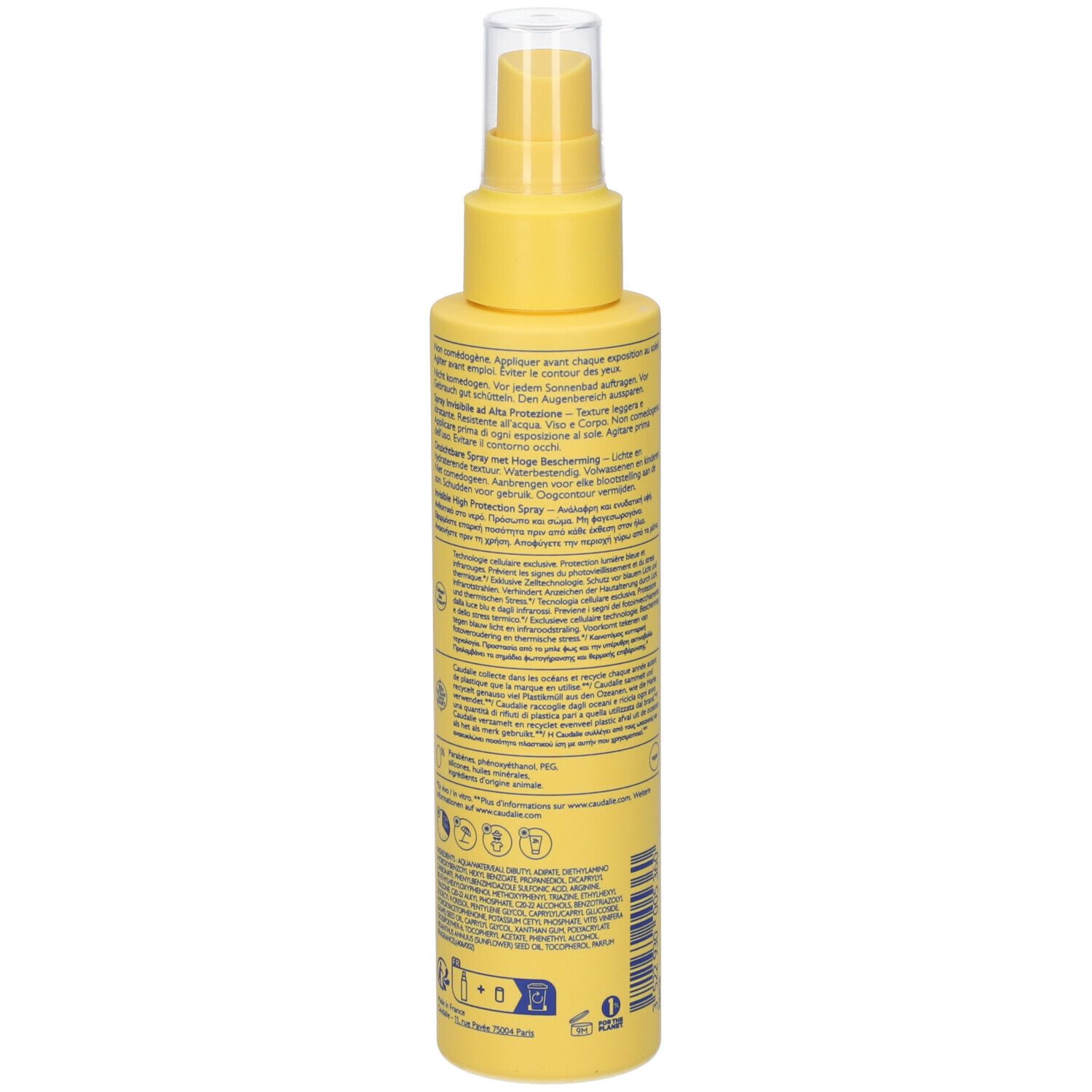 Flacone spray giallo, retro con testo. Informazioni e simboli. Scritta: Caudalie.