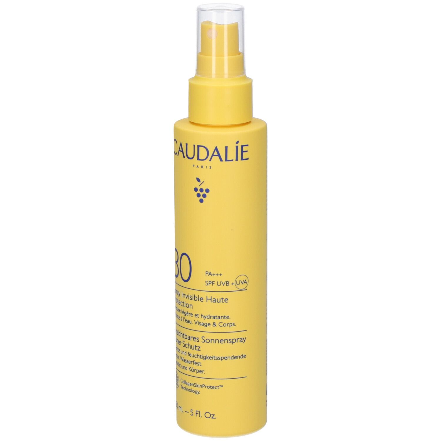 Flacone spray giallo con erogatore bianco. Scritta: Caudalie, 30, Spray Invisible Haute Protection. 150 ml.