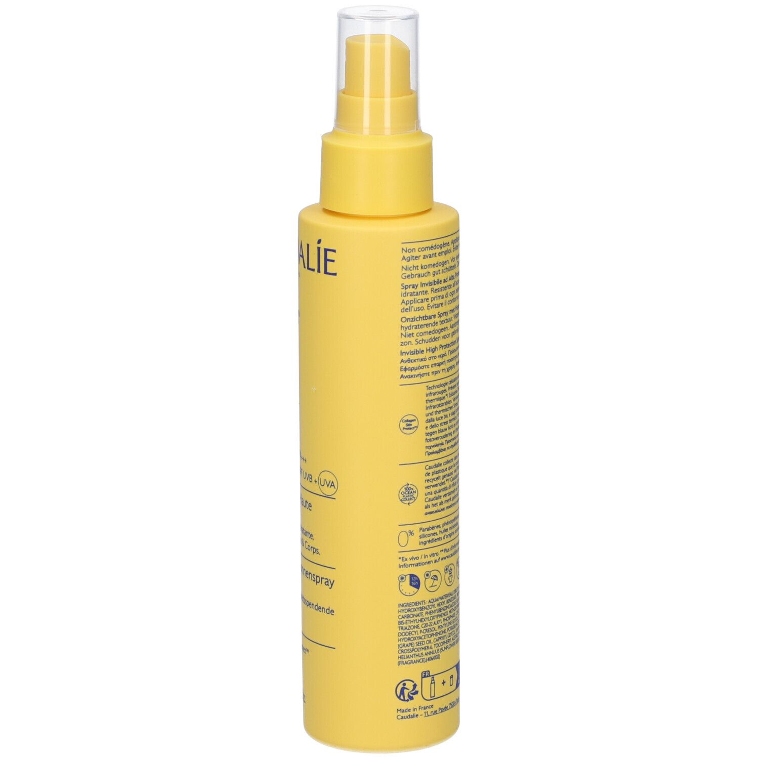 Flacone spray giallo, retro con testo. Scritta: Caudalie. Informazioni e simboli.
