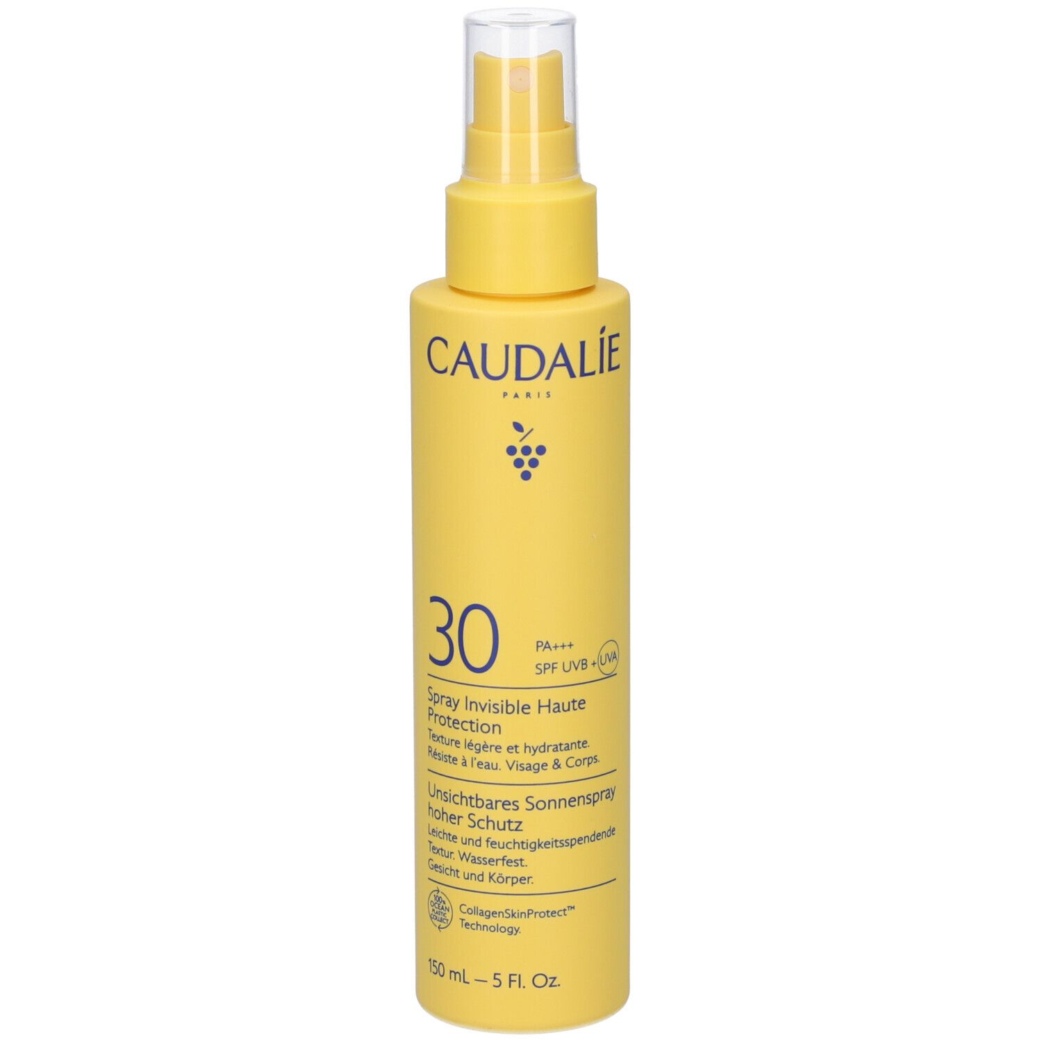 Flacone spray giallo con erogatore bianco. Scritta: Caudalie, 30, Spray Invisible Haute Protection. 150 ml.