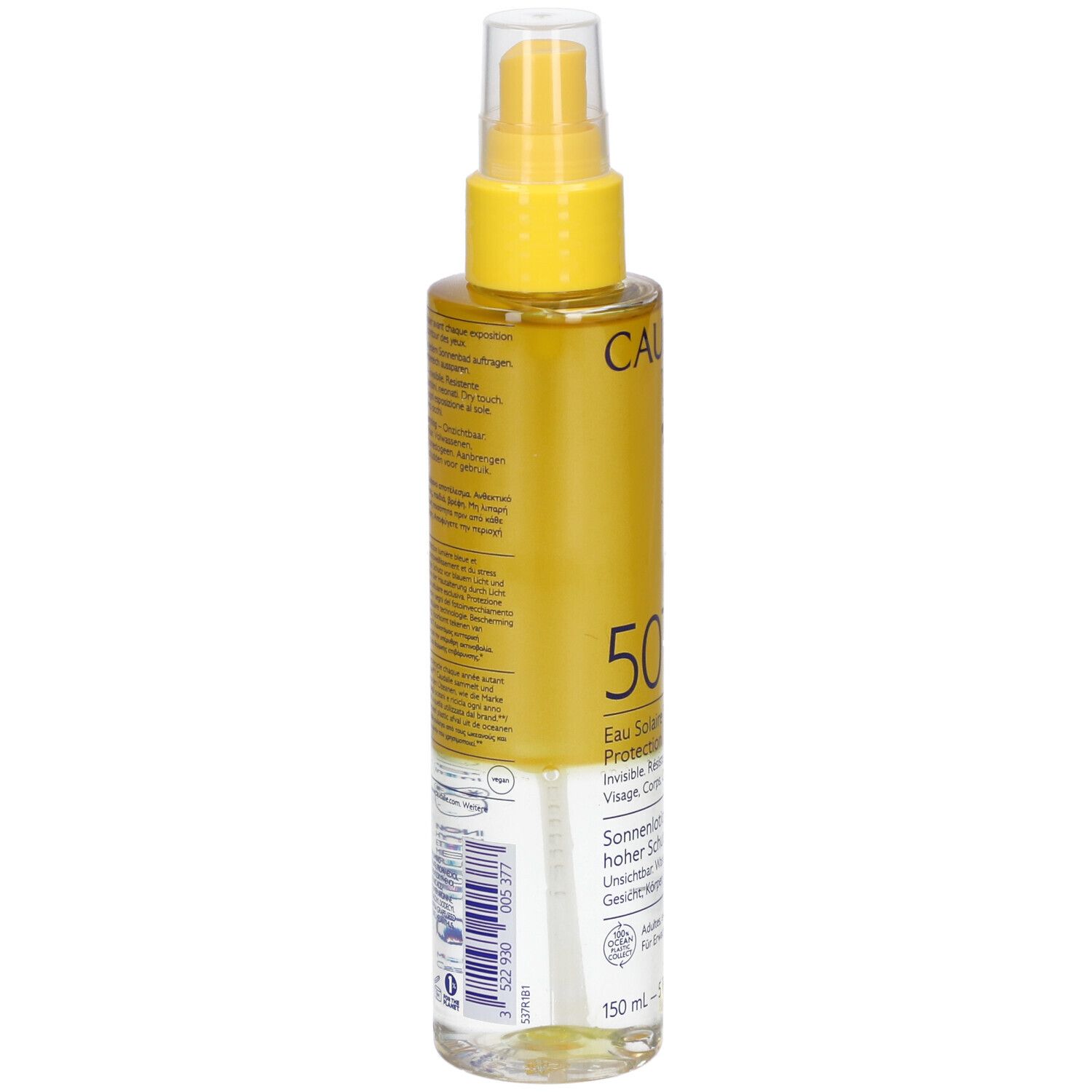 Retro del flacone spray solare. Testo multilingue. Scritta: 150 ml. Informazioni sull'uso.