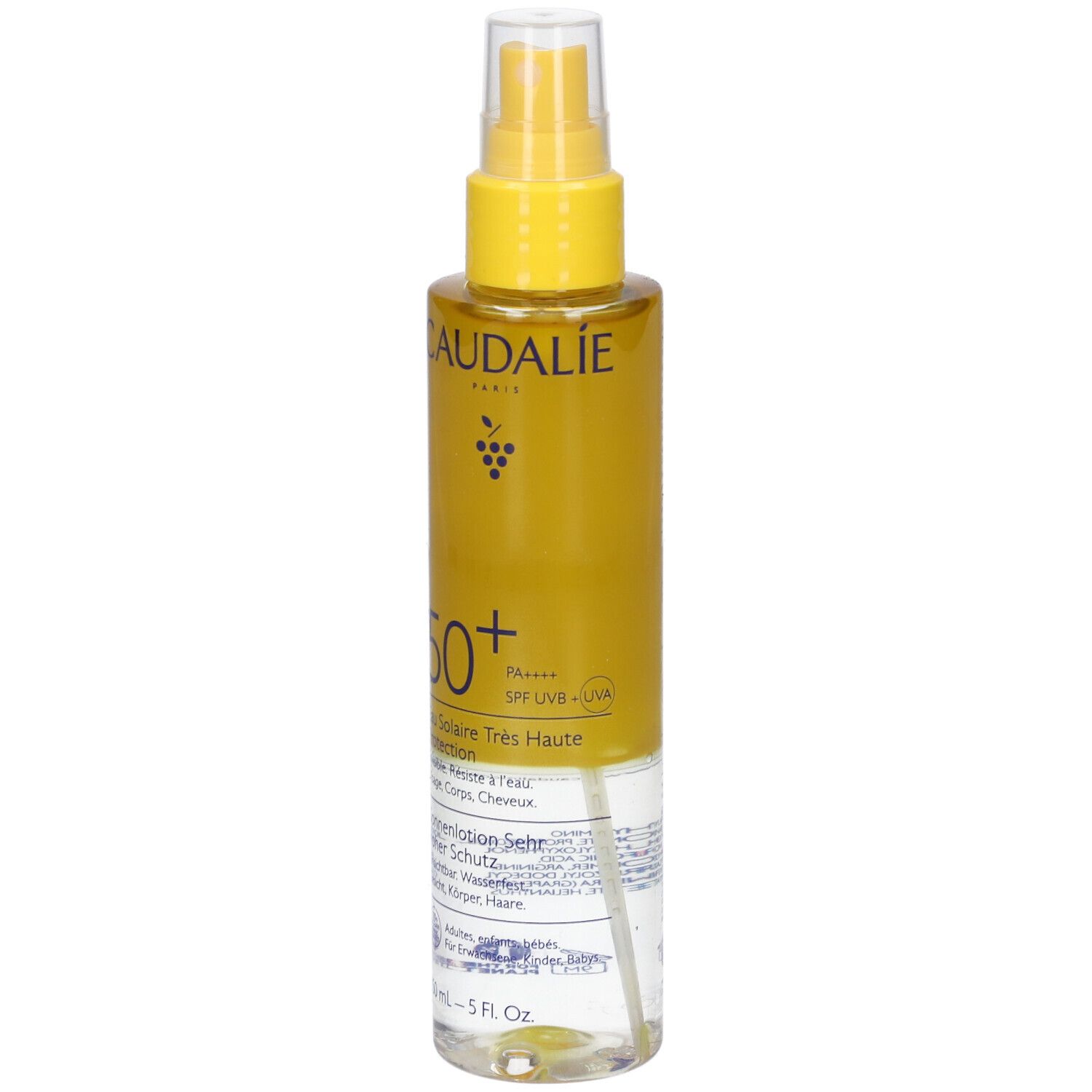 Spray solare. Scritta: Caudalie, 50+, Eau Solaire Très Haute Protection. Flacone da 150 ml. Protezione SPF UV.