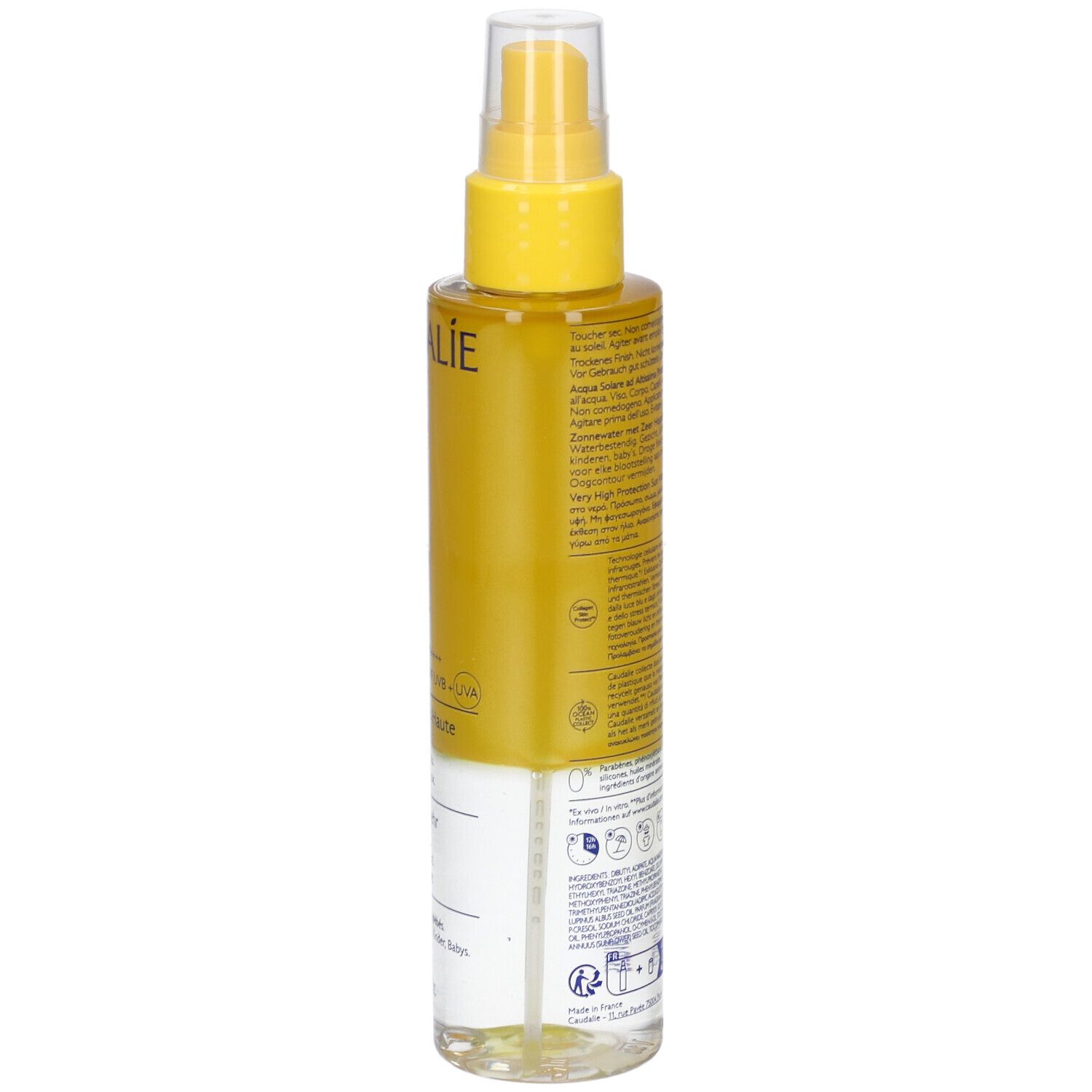 Retro del flacone spray solare. Testo multilingue. Scritta: 150 ml. Informazioni sull'uso.
