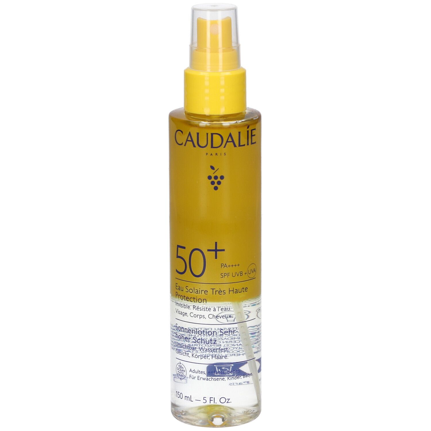 Spray solare. Scritta: Caudalie, 50+, Eau Solaire Très Haute Protection. Flacone da 150 ml. Protezione SPF UV.