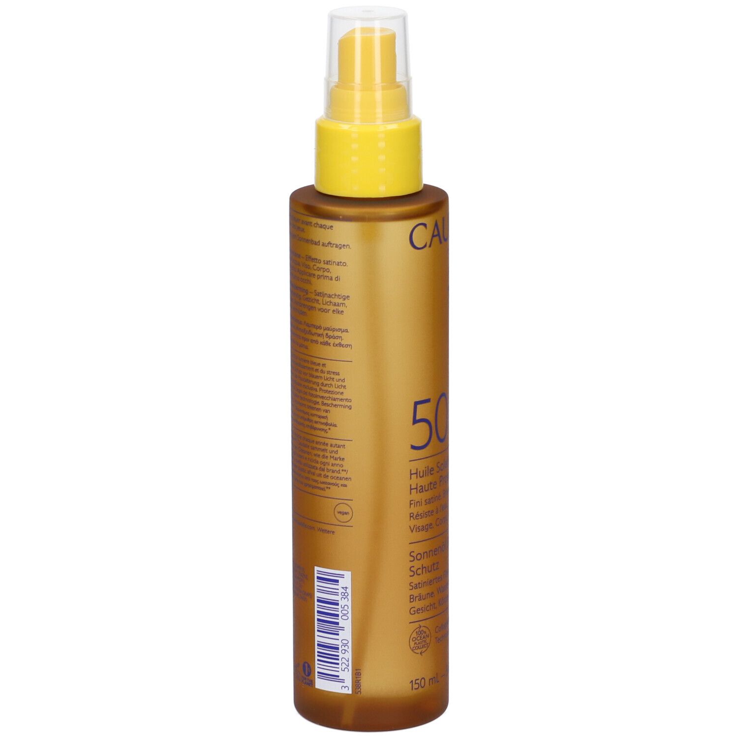 Retro del flacone marrone con vaporizzatore giallo. Testo multilingue. Contiene 150 ml.
