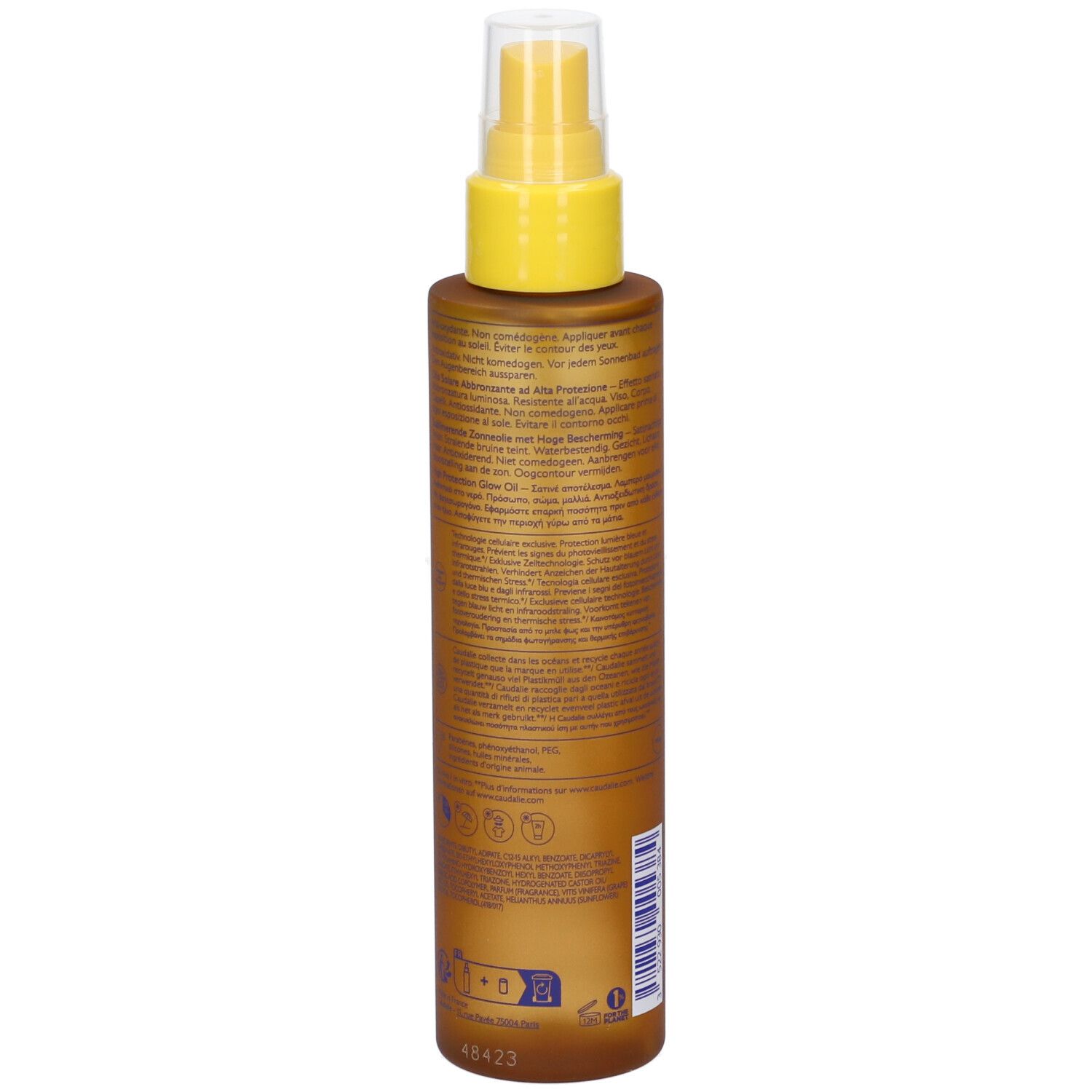 Retro del flacone marrone con vaporizzatore giallo. Testo multilingue. Contiene 150 ml.