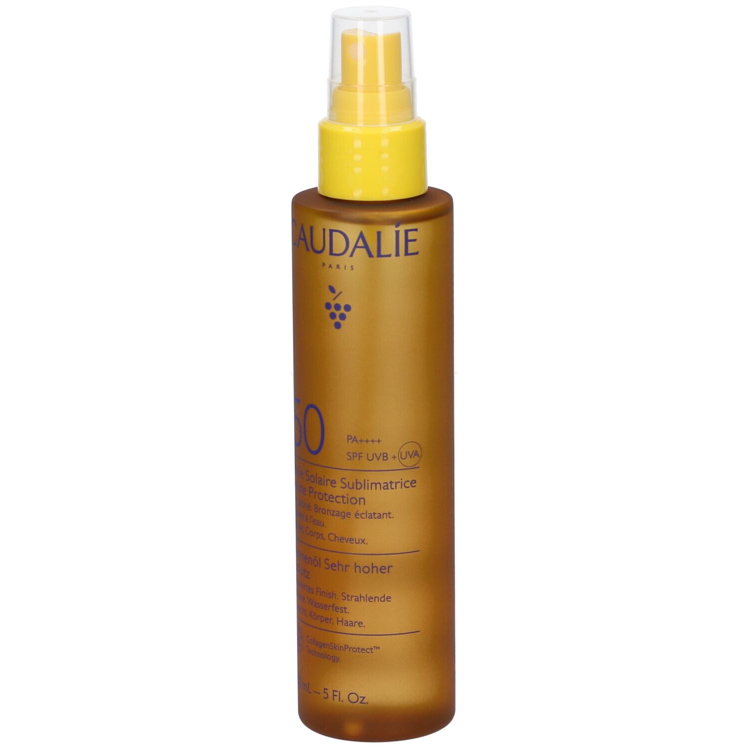 Flacone marrone con vaporizzatore giallo. Scritte: Caudalie, 50, Huile Solaire, SPF 50. Contiene 150 ml.