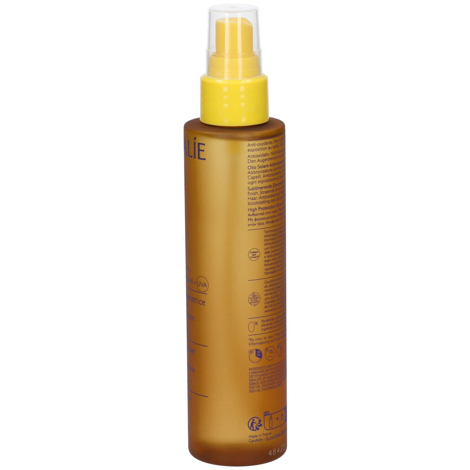 Flacone marrone con vaporizzatore giallo. Testo multilingue. Contiene 150 ml.