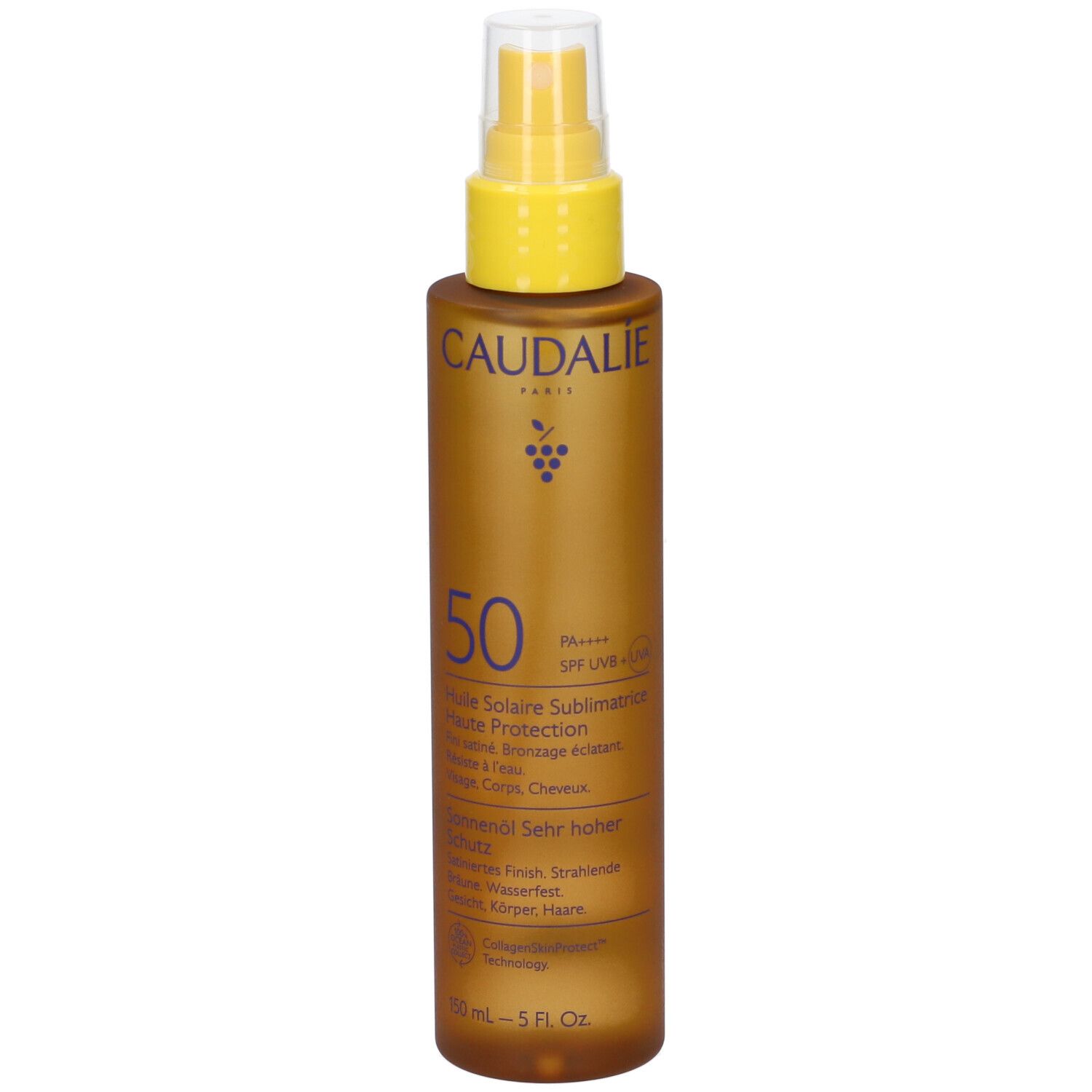 Flacone marrone con vaporizzatore giallo. Scritte: Caudalie, 50, Huile Solaire, SPF 50. Contiene 150 ml.
