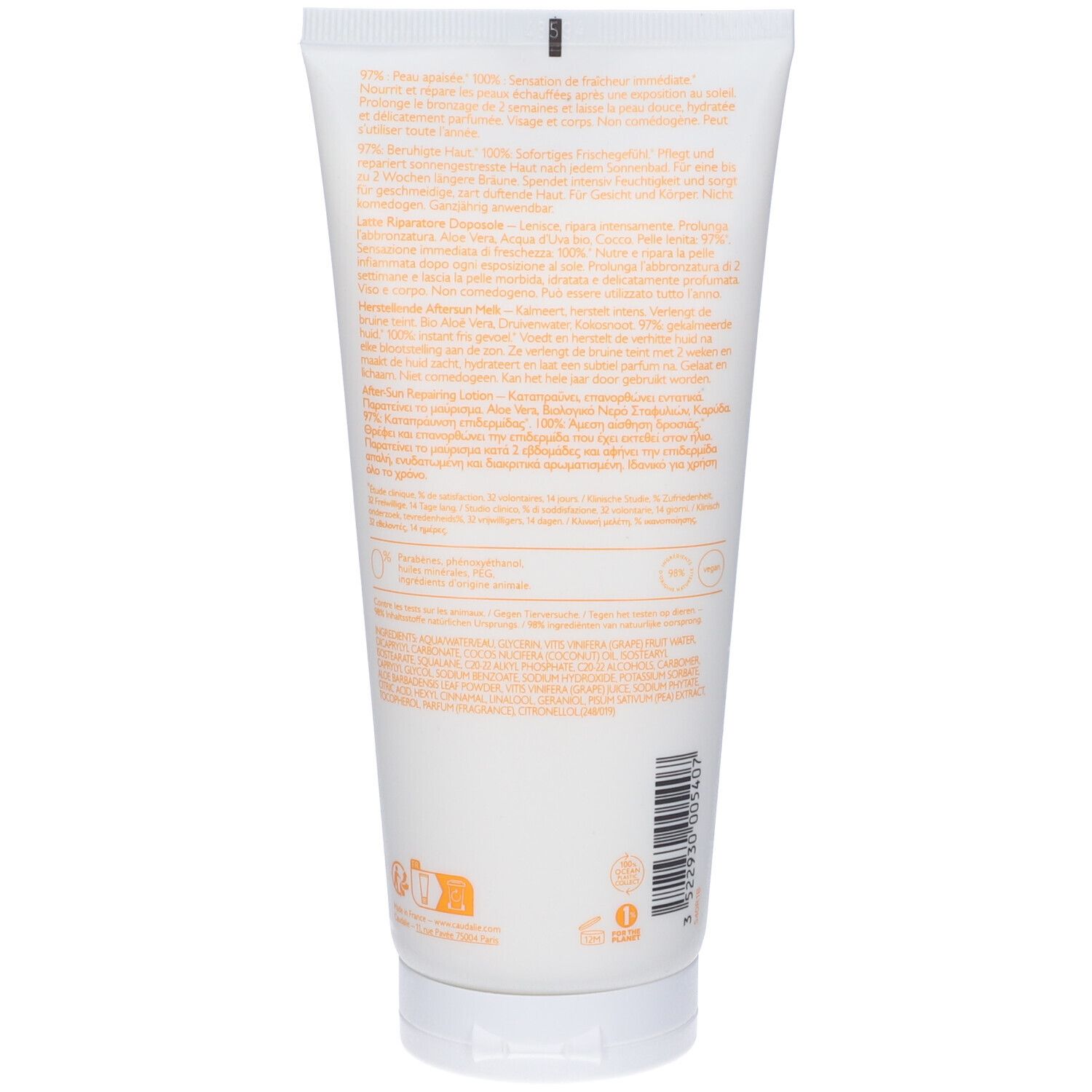 Retro del tubo bianco con testo multilingue. Contiene informazioni sugli ingredienti e le certificazioni.