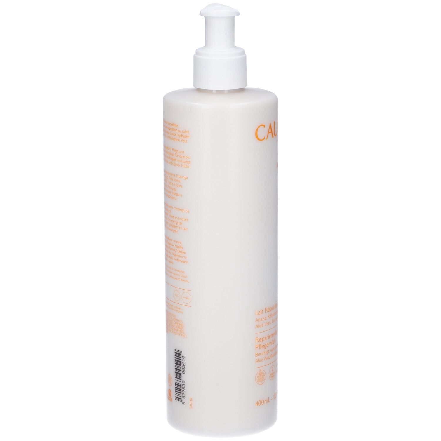 Flacone bianco con dosatore. Retro con testo in più lingue. Codice a barre. 400 ml.