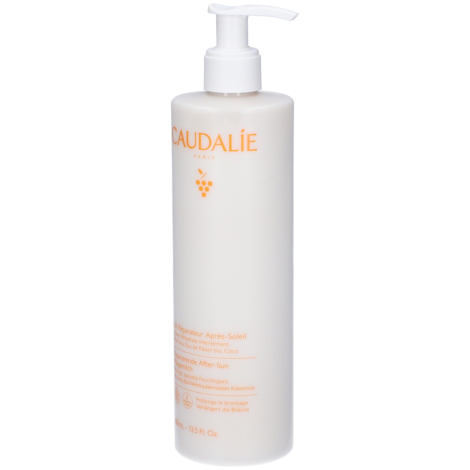 Flacone bianco con dosatore. Scritta CAUDALIE e nome del prodotto. 400 ml. Testo in francese, tedesco, inglese, olandese.