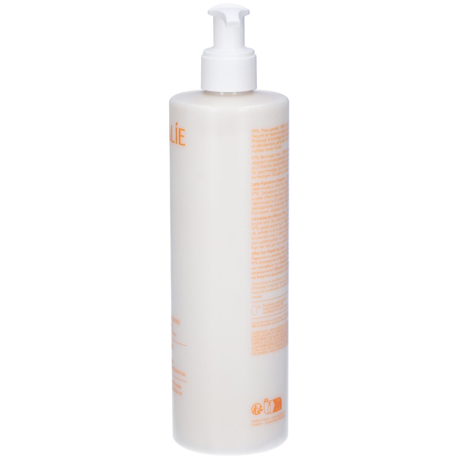 Flacone bianco con dosatore. Retro con testo in più lingue. 400 ml.