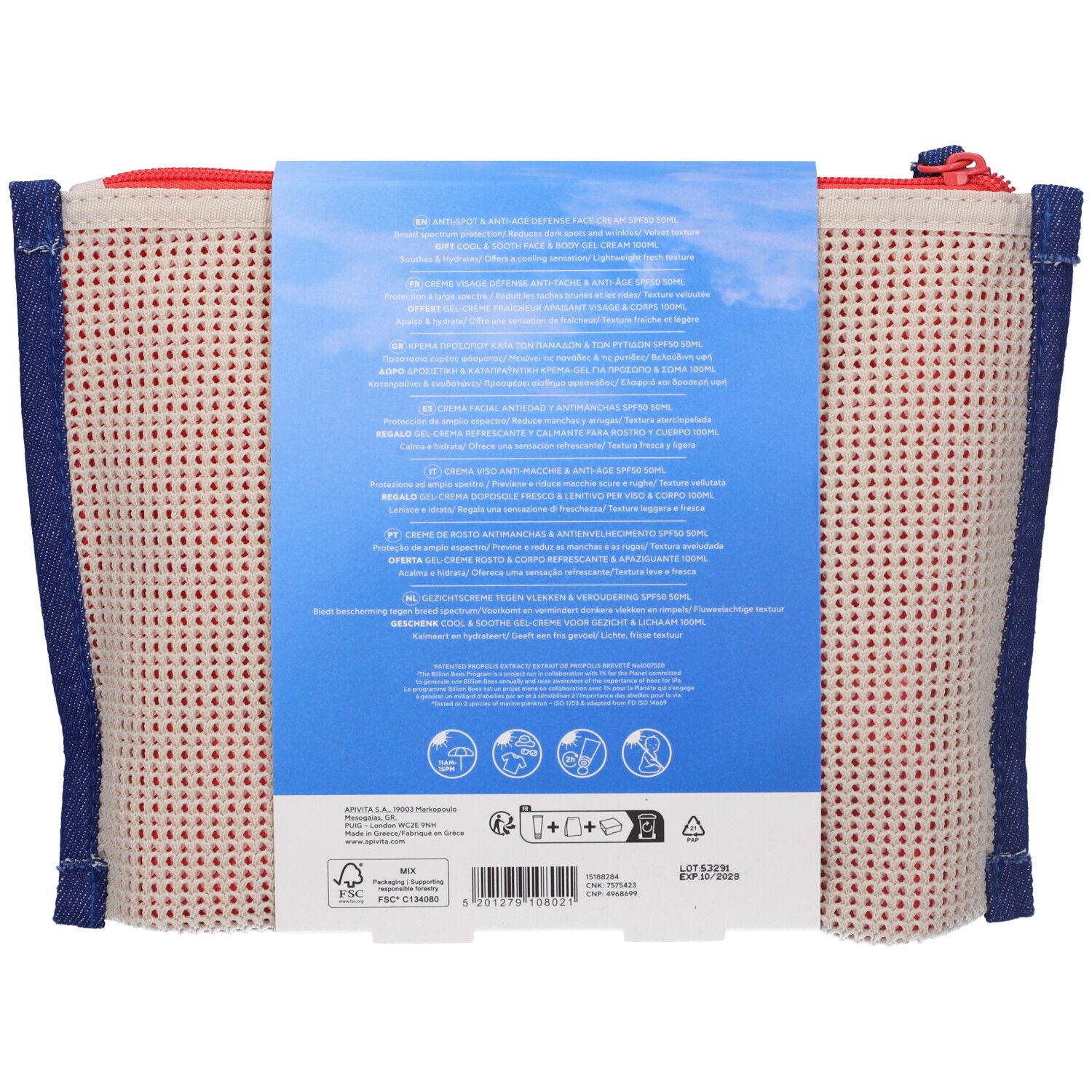 Retro della trousse. Informazioni sul prodotto e icone. Certificazione FSC.