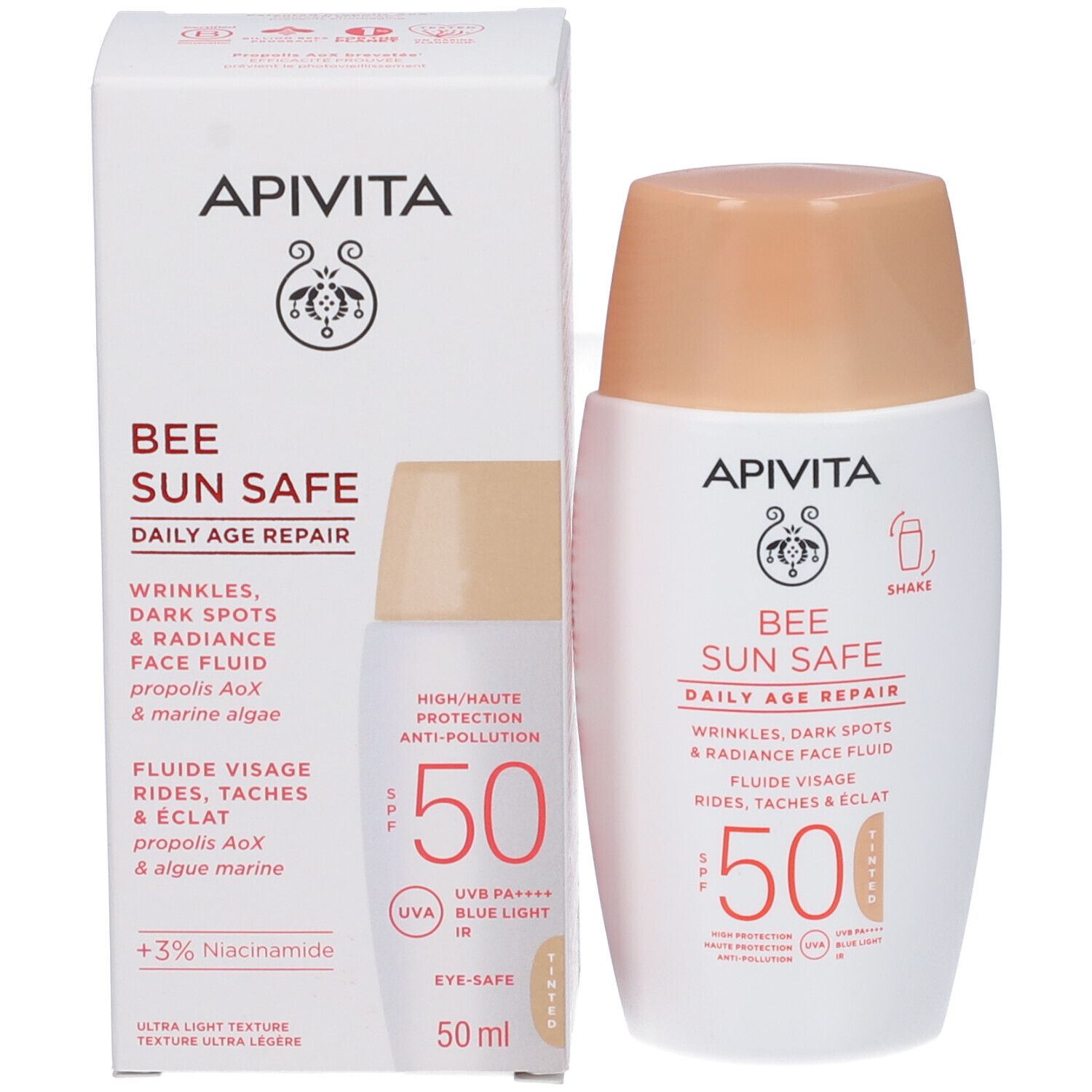 Scatola bianca e flacone. Scritta: Apivita Bee Sun Safe, Daily Age Repair, SPF 50. 50 ml. Con immagine del prodotto.