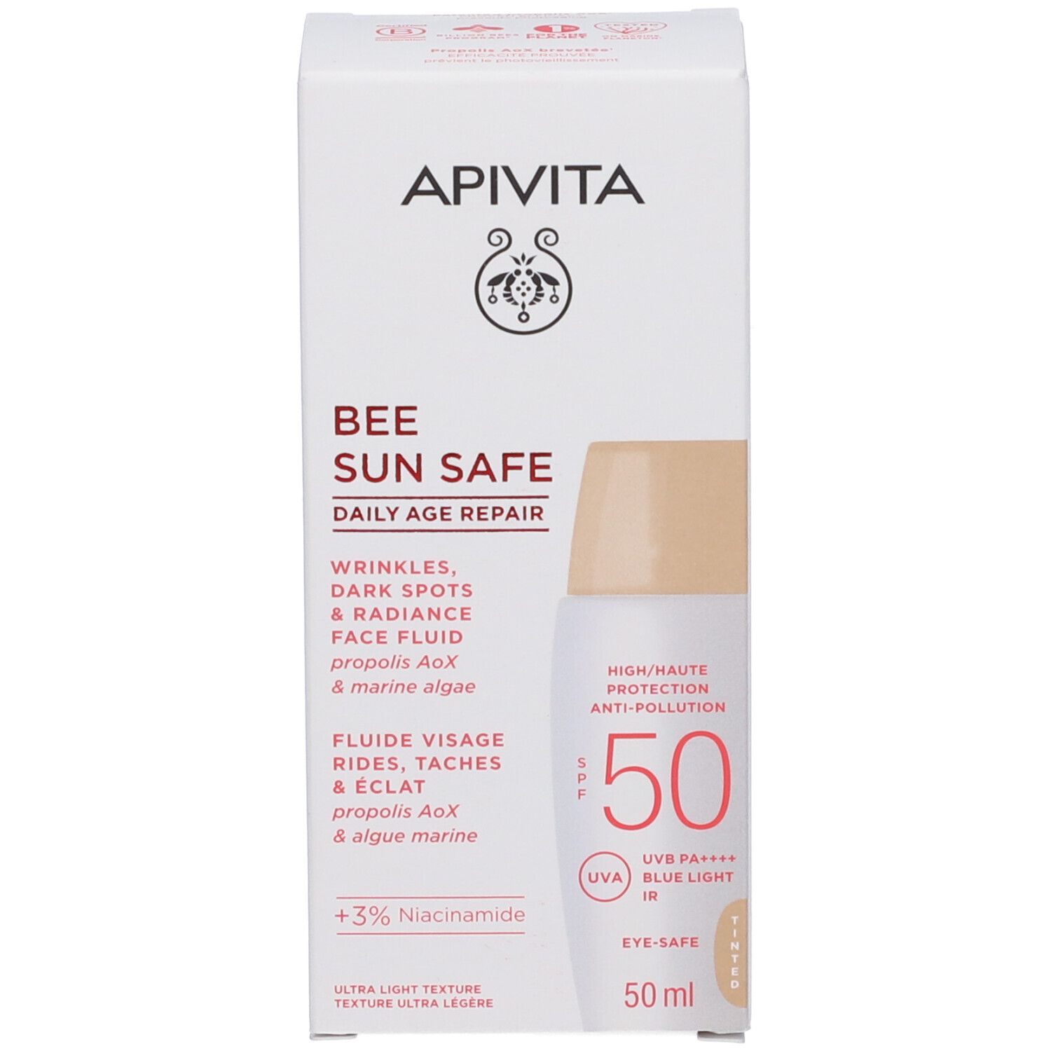 Scatola bianca con immagine del prodotto. Scritta: Apivita Bee Sun Safe, Daily Age Repair, SPF 50. 50 ml.