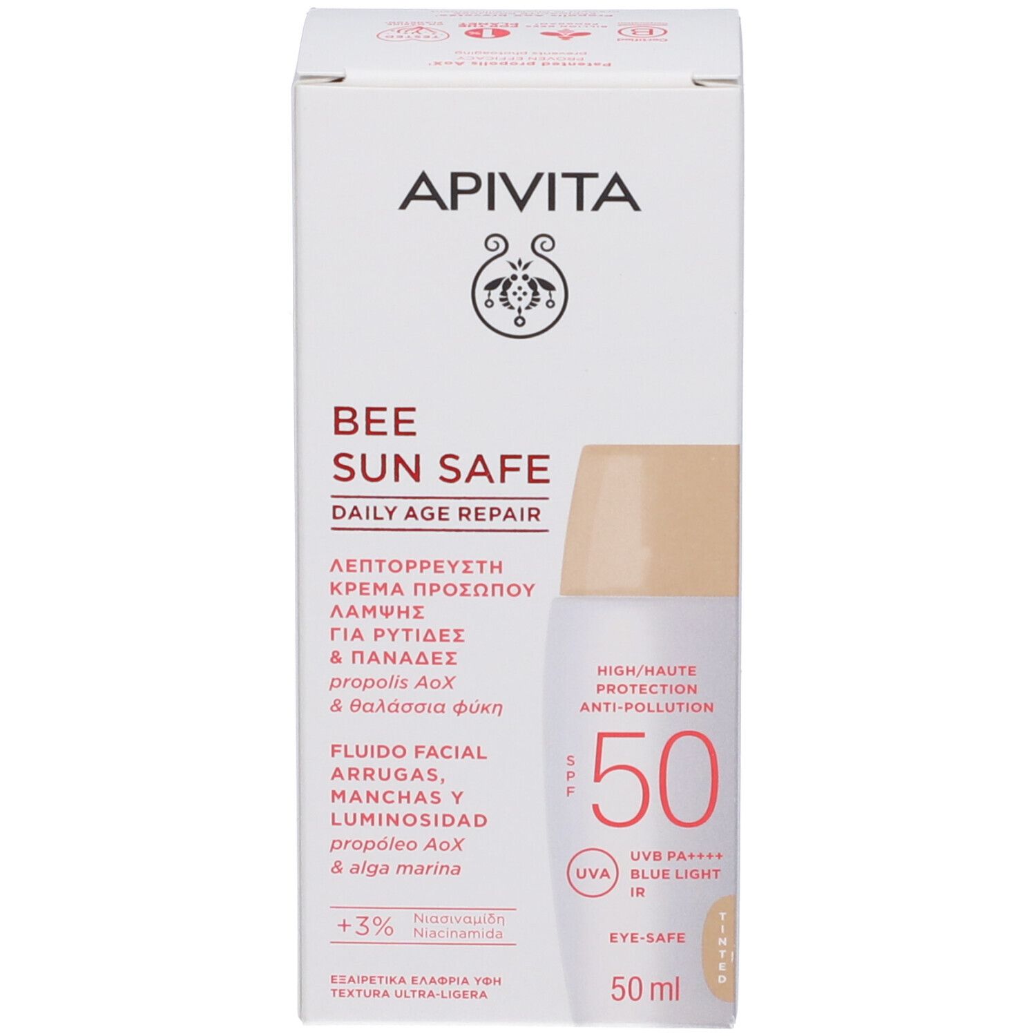 Scatola bianca con immagine del prodotto. Scritta: Apivita Bee Sun Safe, Daily Age Repair, SPF 50. 50 ml.