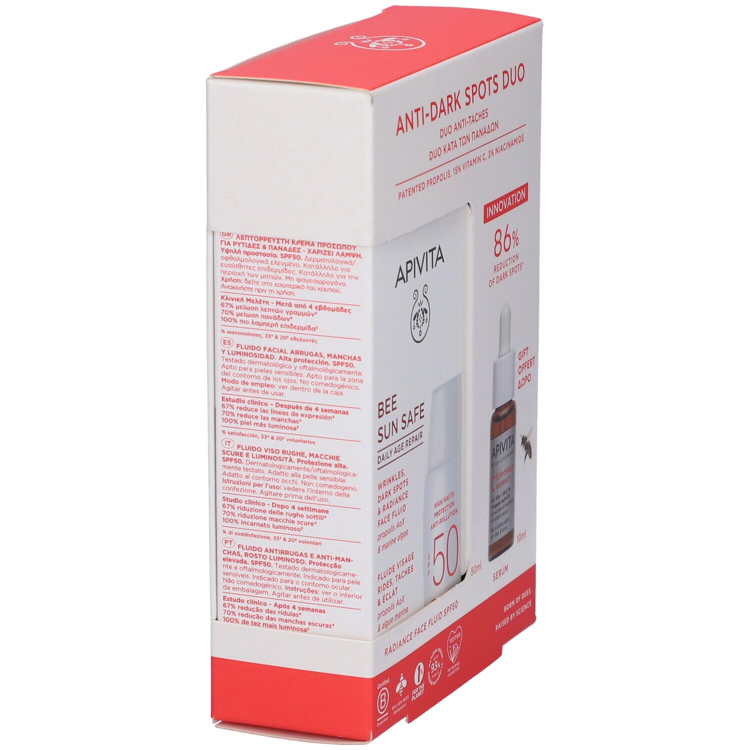 Vista laterale della confezione. Scritta: Duo Anti-macchie. Contiene fluido e siero. Marchio Apivita. Protezione SPF50.