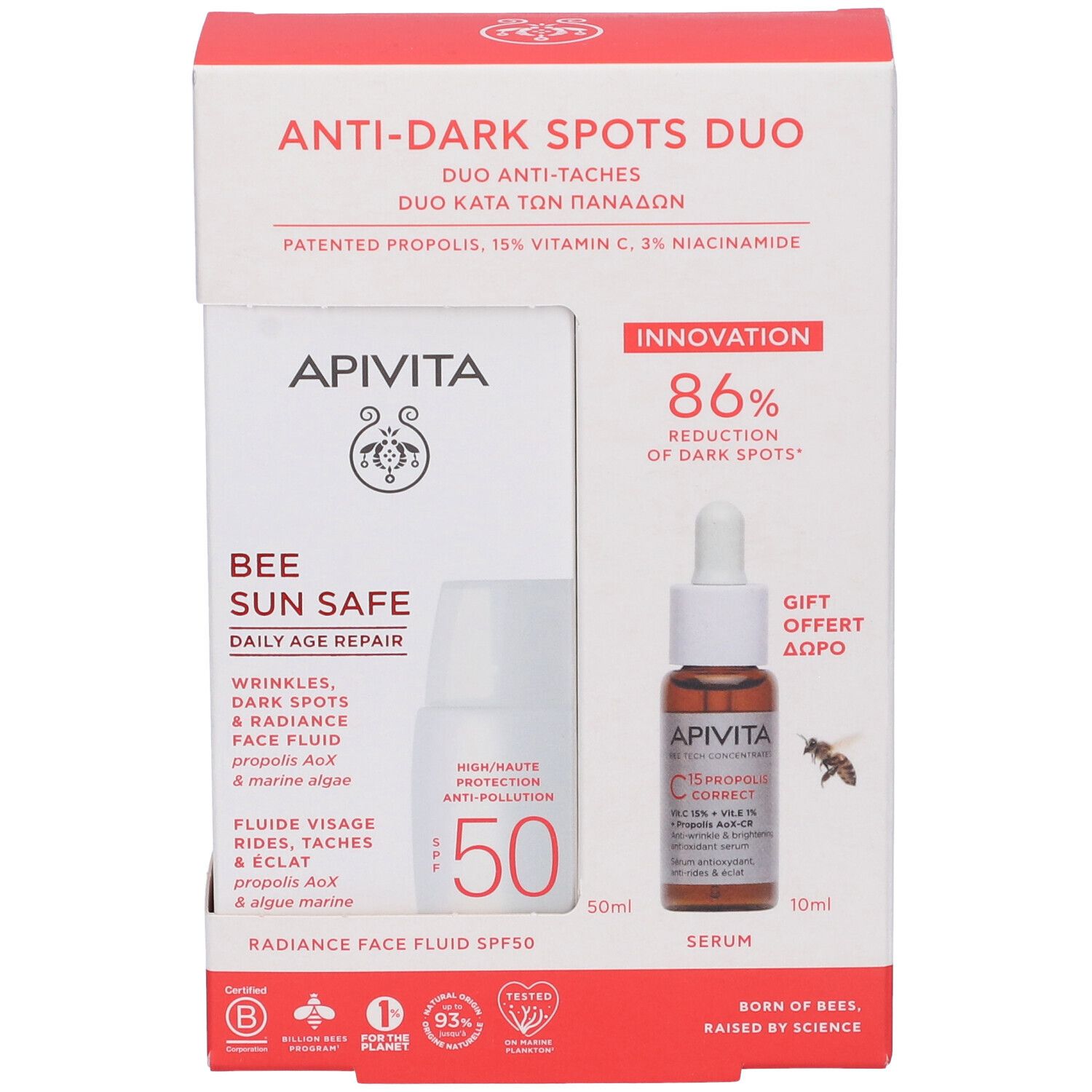 Confezione Duo Anti-macchie. Contiene fluido e siero. Marchio Apivita. Scritta: Bee Sun Safe. Protezione SPF50. Riduzione macchie 86%.