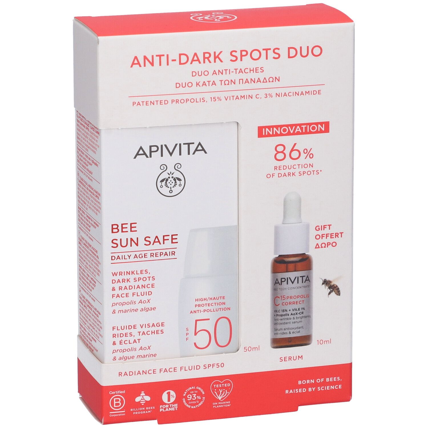 Confezione Duo Anti-macchie. Contiene fluido e siero. Marchio Apivita. Scritta: Bee Sun Safe. Protezione SPF50. Riduzione macchie 86%.