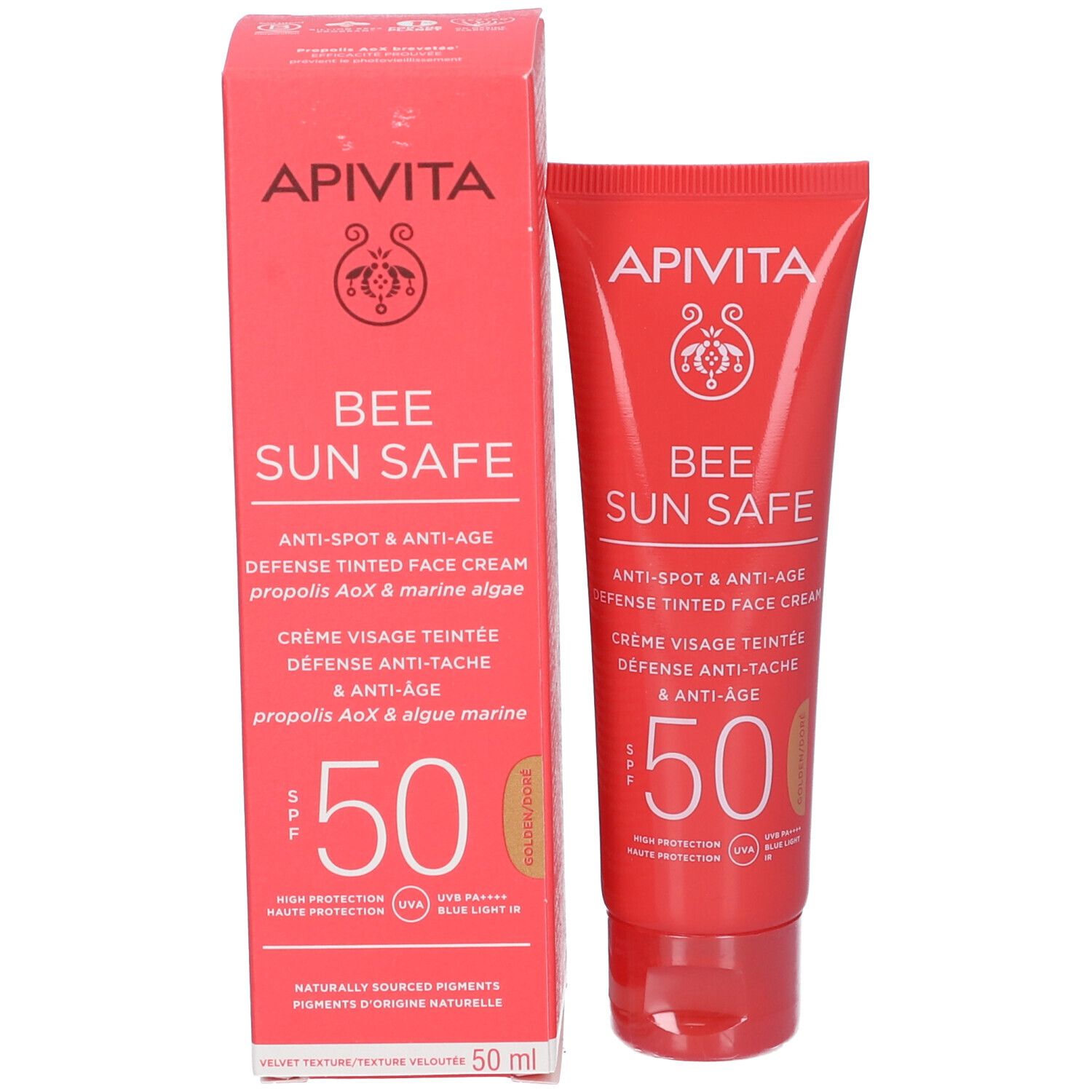 Tubo e scatola di crema solare. Scritta: Apivita, Bee Sun Safe, Anti-age, SPF 50. Tonalità beige.