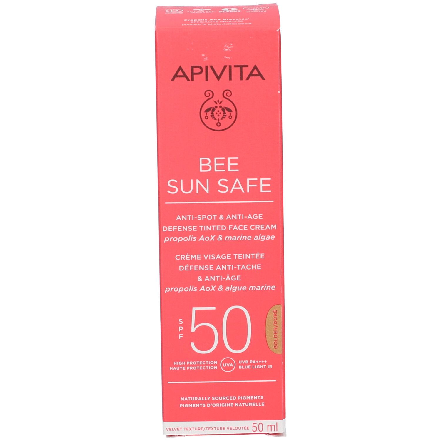 Scatola di crema solare. Scritta: Apivita, Bee Sun Safe, Anti-age, SPF 50. Tonalità beige.