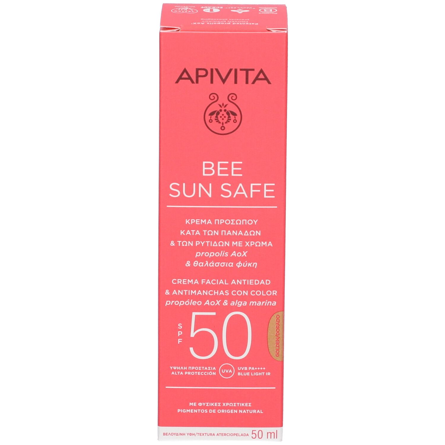 Scatola di crema solare. Scritta: Apivita, Bee Sun Safe, Anti-age, SPF 50. Colore rosso.