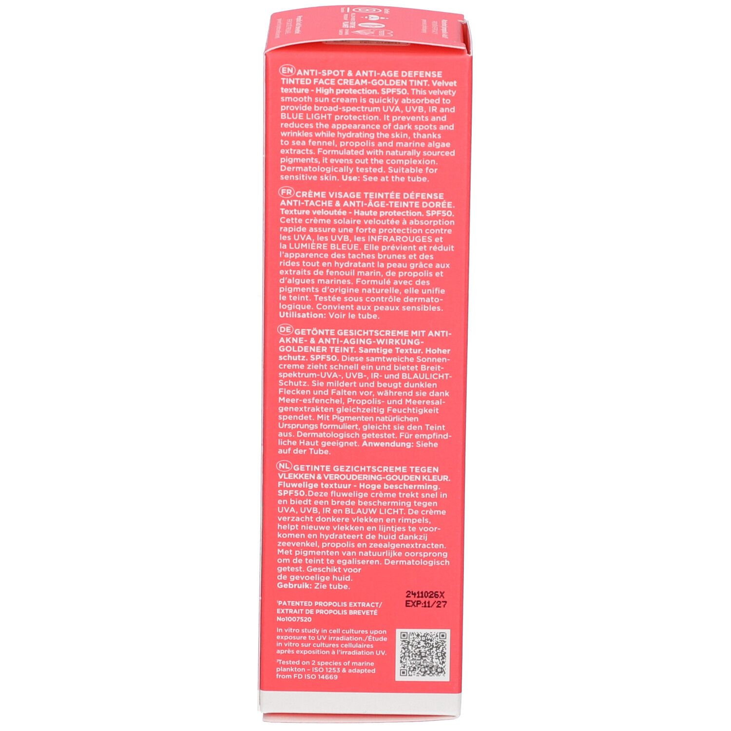 Retro della scatola. Testo multilingue. Nome e dettagli del prodotto. Colore rosso.