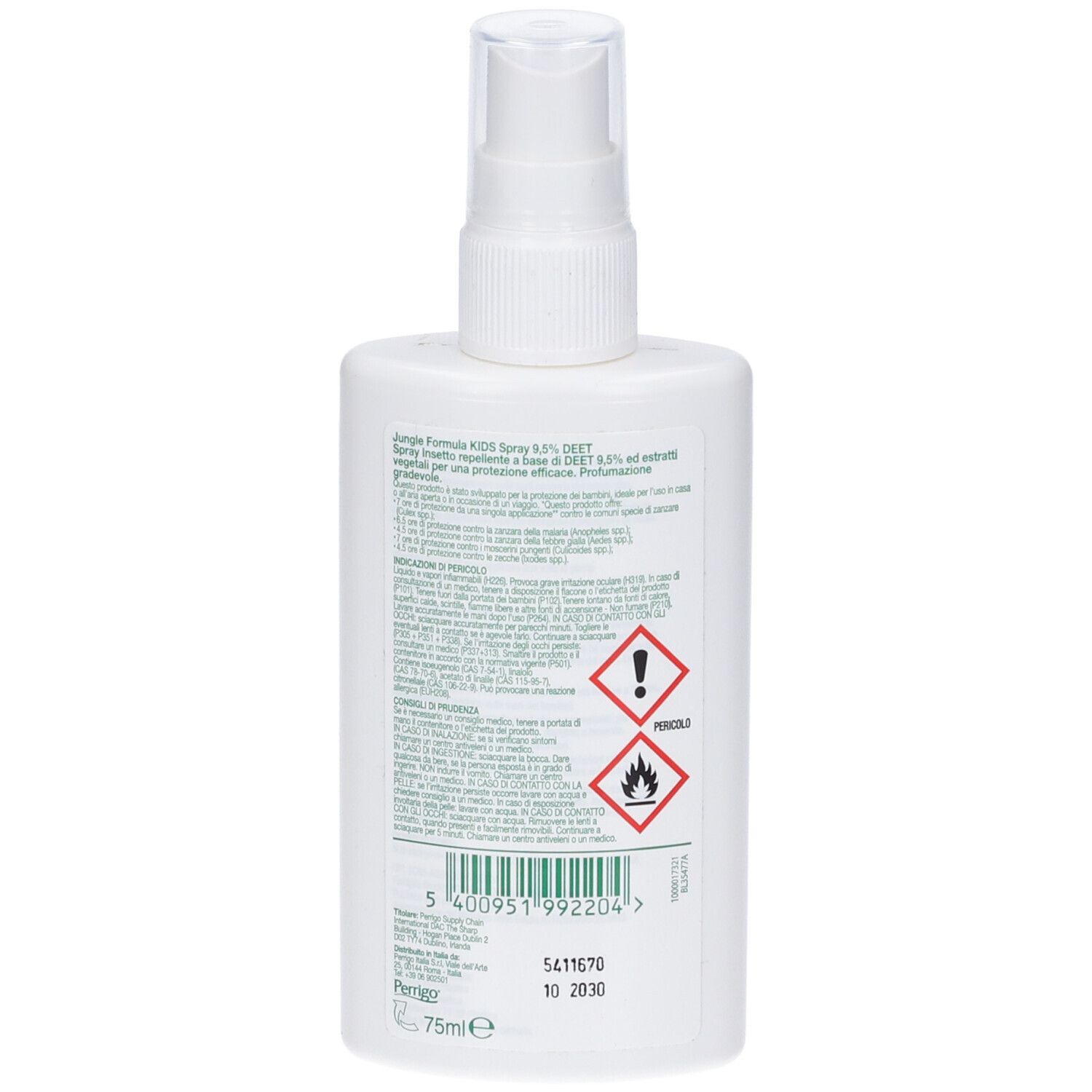 Retro del flacone spray bianco. Contiene testo, simboli di avvertimento e un codice a barre. Volume: 75ml.