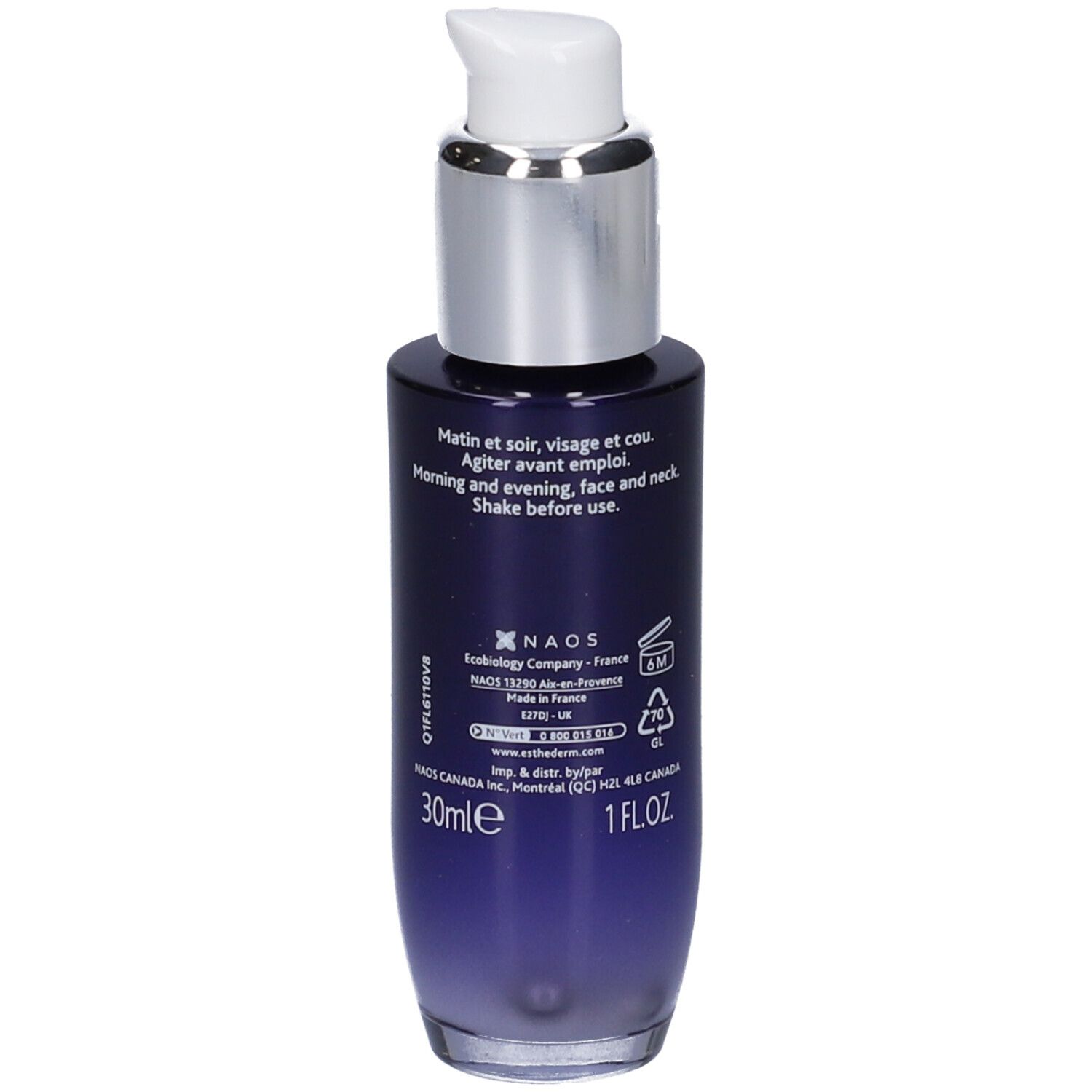 Flacone blu scuro con pompa argentata. Scritte e informazioni sul retro. 30ml, 1 FL.OZ.