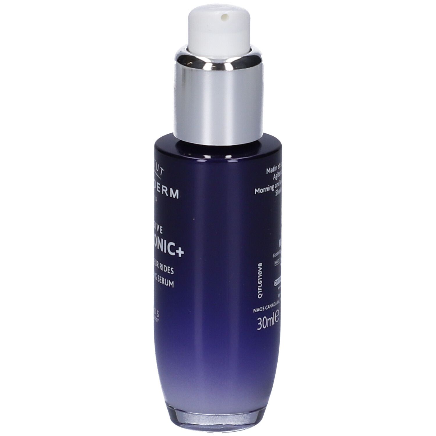 Flacone blu scuro con pompa argentata. Scritta: Institut Esthederm Paris, Intensive Hyaluronic+, Siero riempitivo rughe.