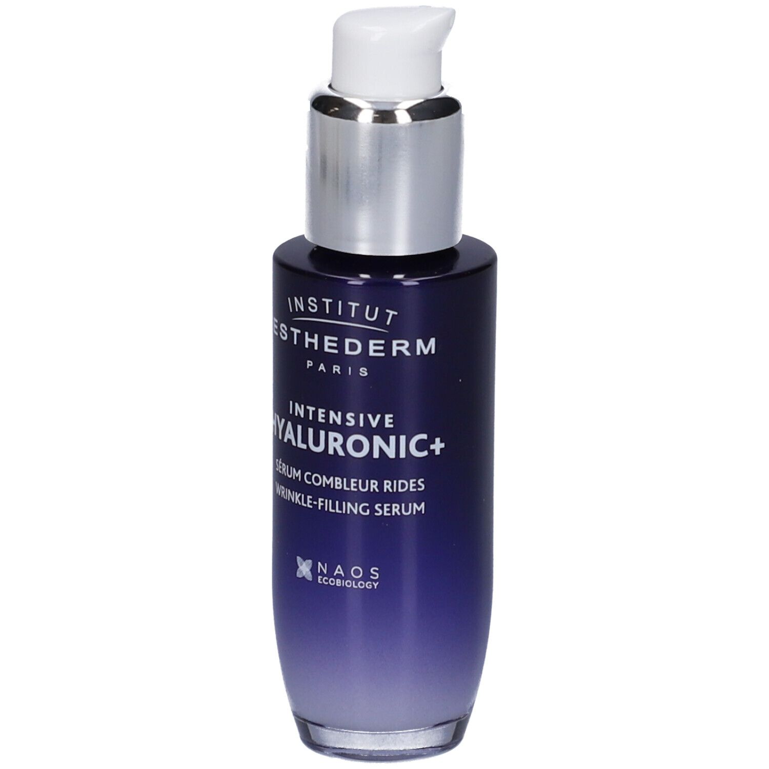 Flacone blu scuro con pompa argentata. Scritta: Institut Esthederm Paris, Intensive Hyaluronic+, Siero riempitivo rughe.
