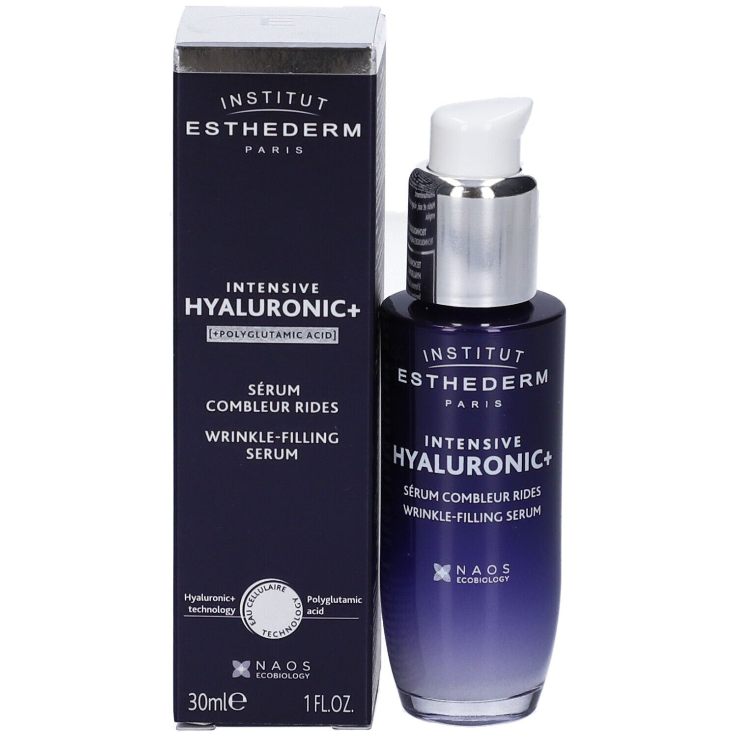 Prodotto con confezione. Flacone blu scuro con pompa argentata. Scritta: Institut Esthederm Paris, Intensive Hyaluronic+.