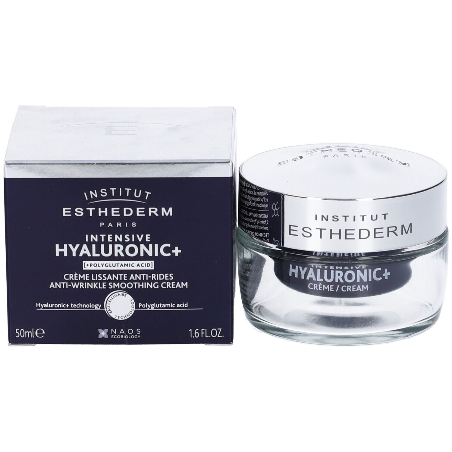 Confezione e vasetto del prodotto. Scritta: INSTITUT ESTHEDERM. HYALURONIC+. 50ml. 1.6 FL.OZ.