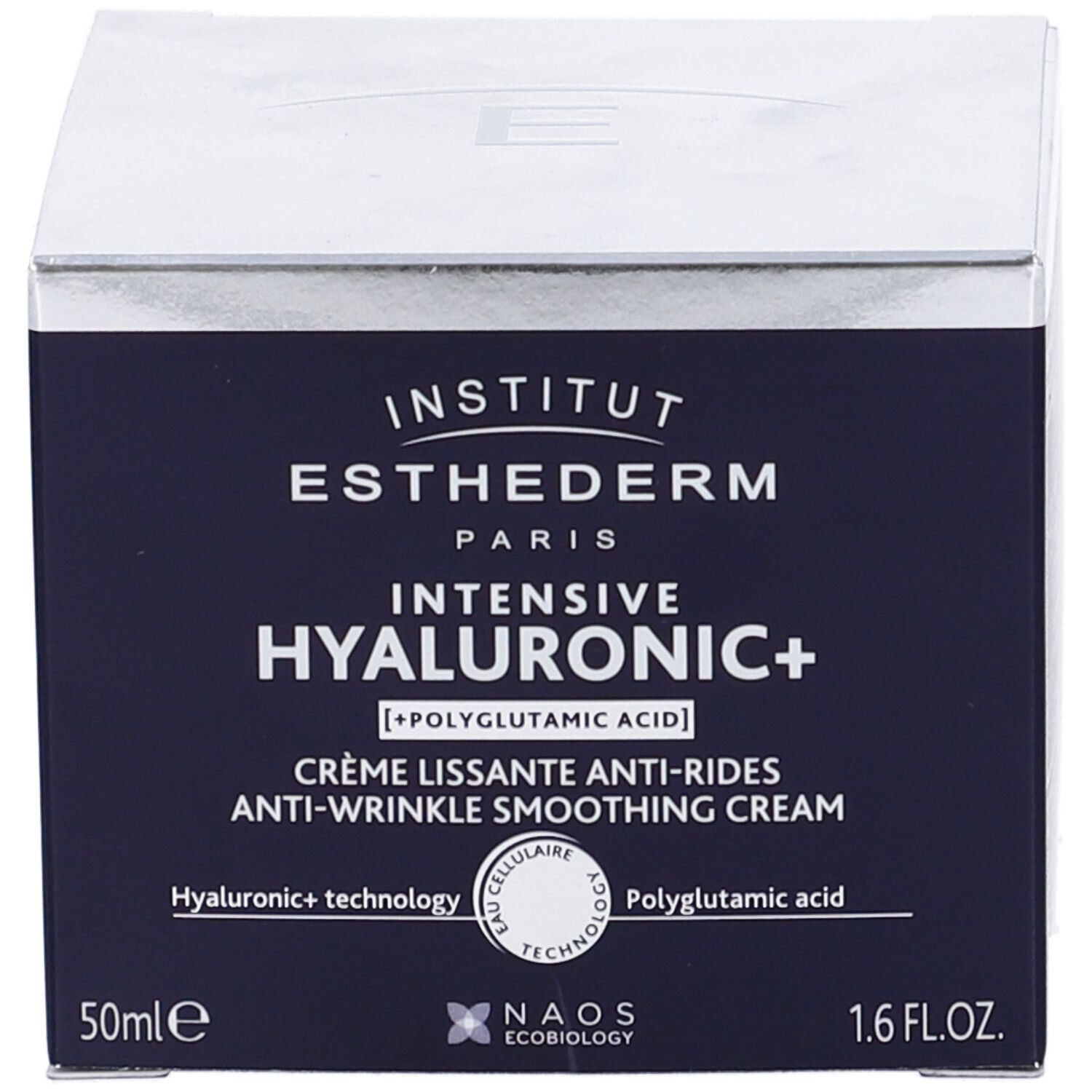 Confezione del prodotto. Scritta: INSTITUT ESTHEDERM. HYALURONIC+. 50ml. 1.6 FL.OZ.
