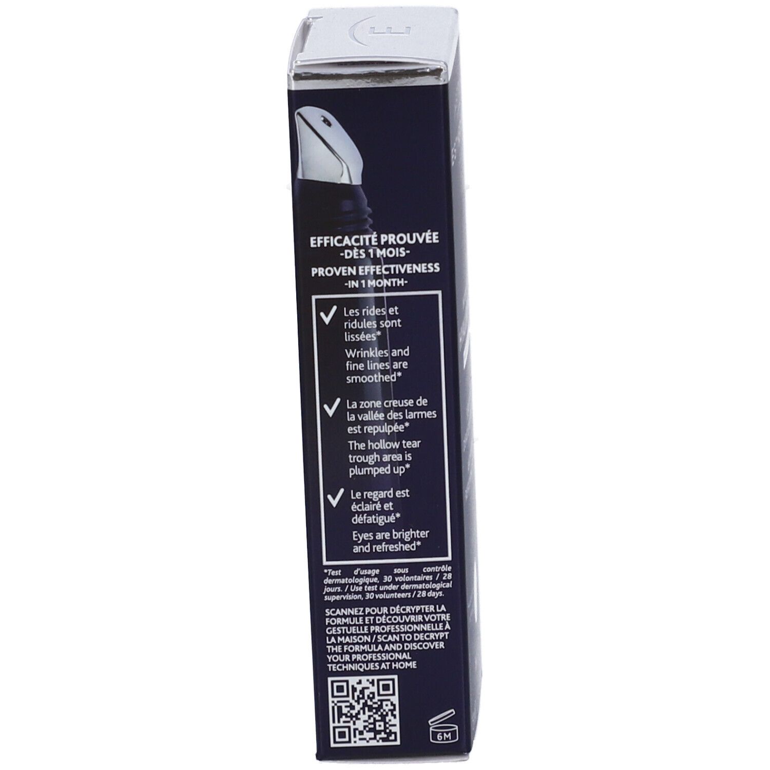 Scatola, lato. Testo: Efficacia provata in 1 mese, leviga le rughe, illumina gli occhi, codice QR.