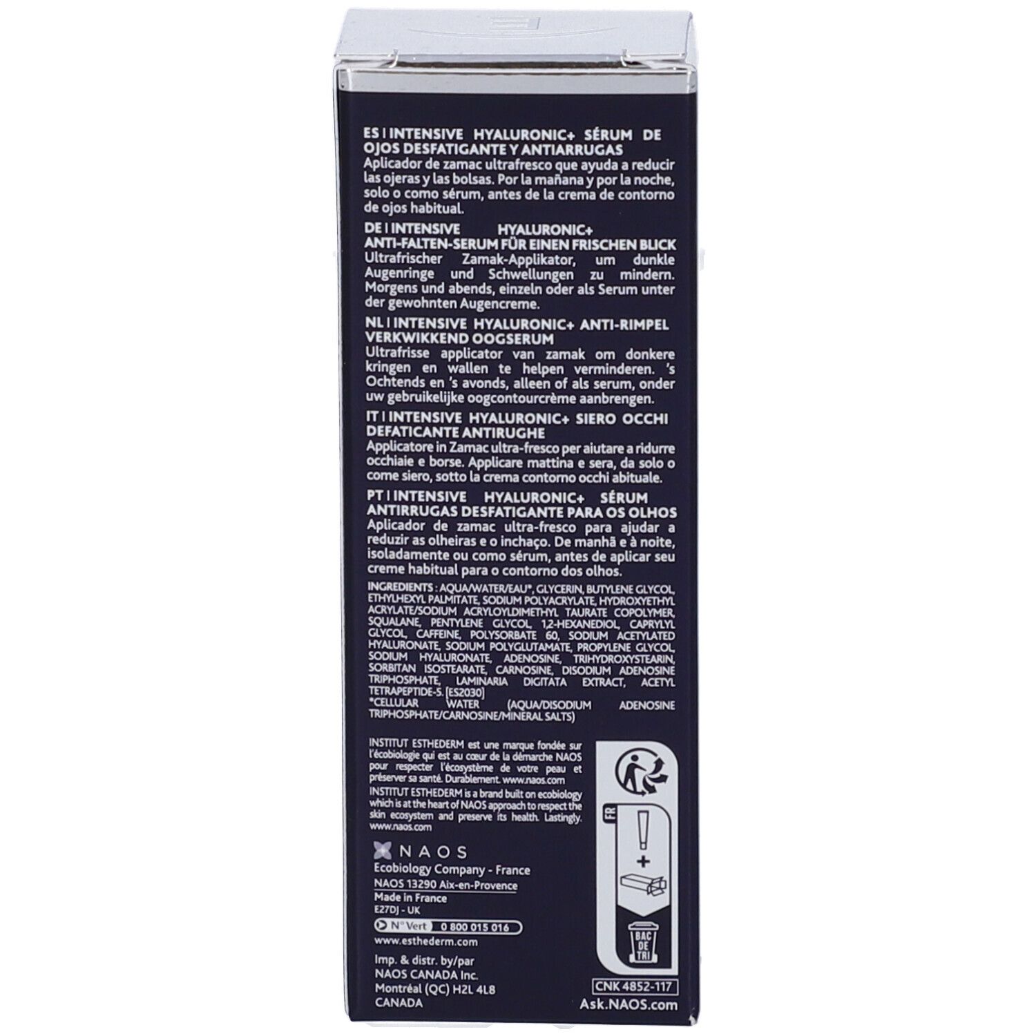 Scatola, retro. Testo in più lingue: Utilizzo, ingredienti, informazioni sul produttore.