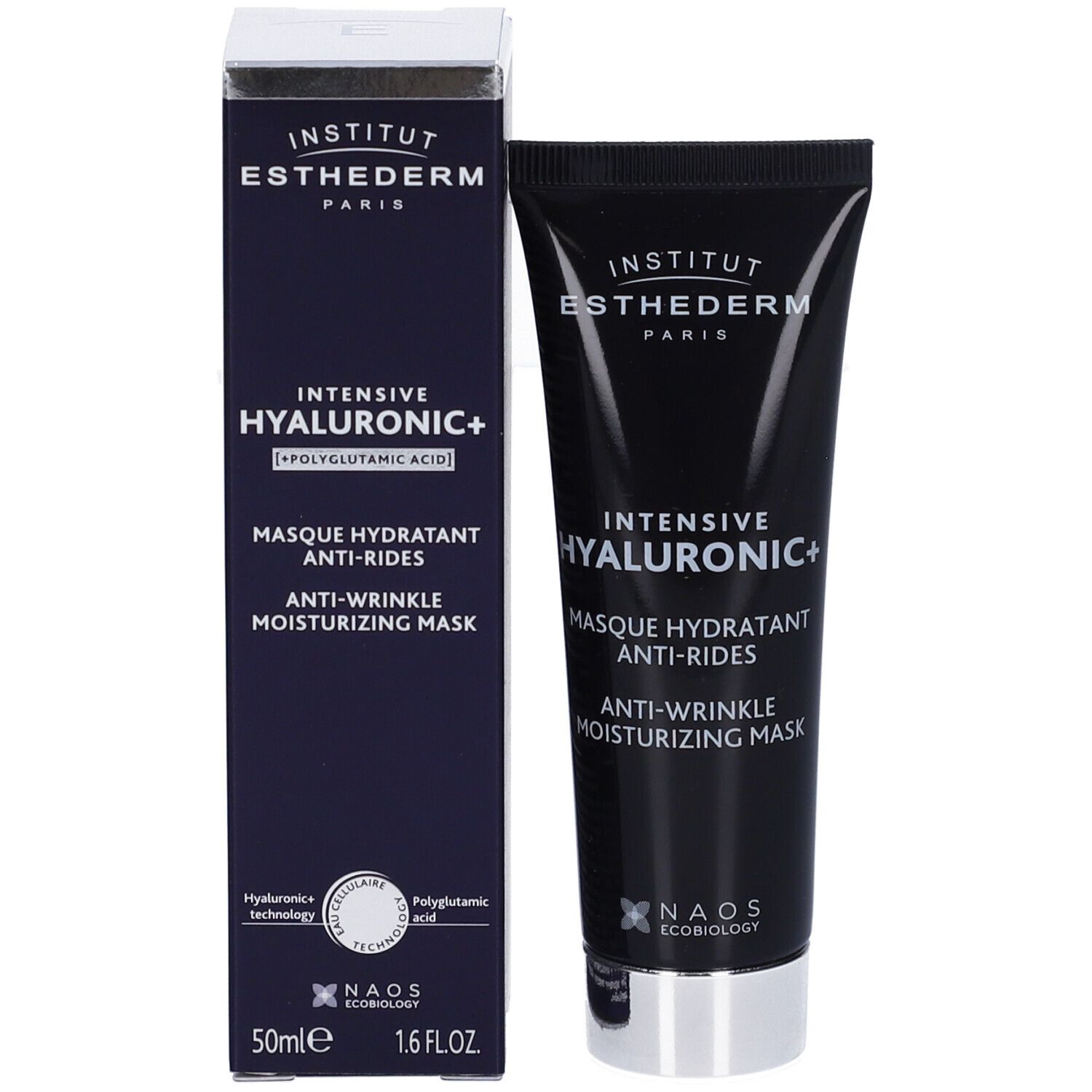 Prodotto e confezione. Tubo nero accanto a una scatola. Scritta: Institut Esthederm Paris, Intensive Hyaluronic+.