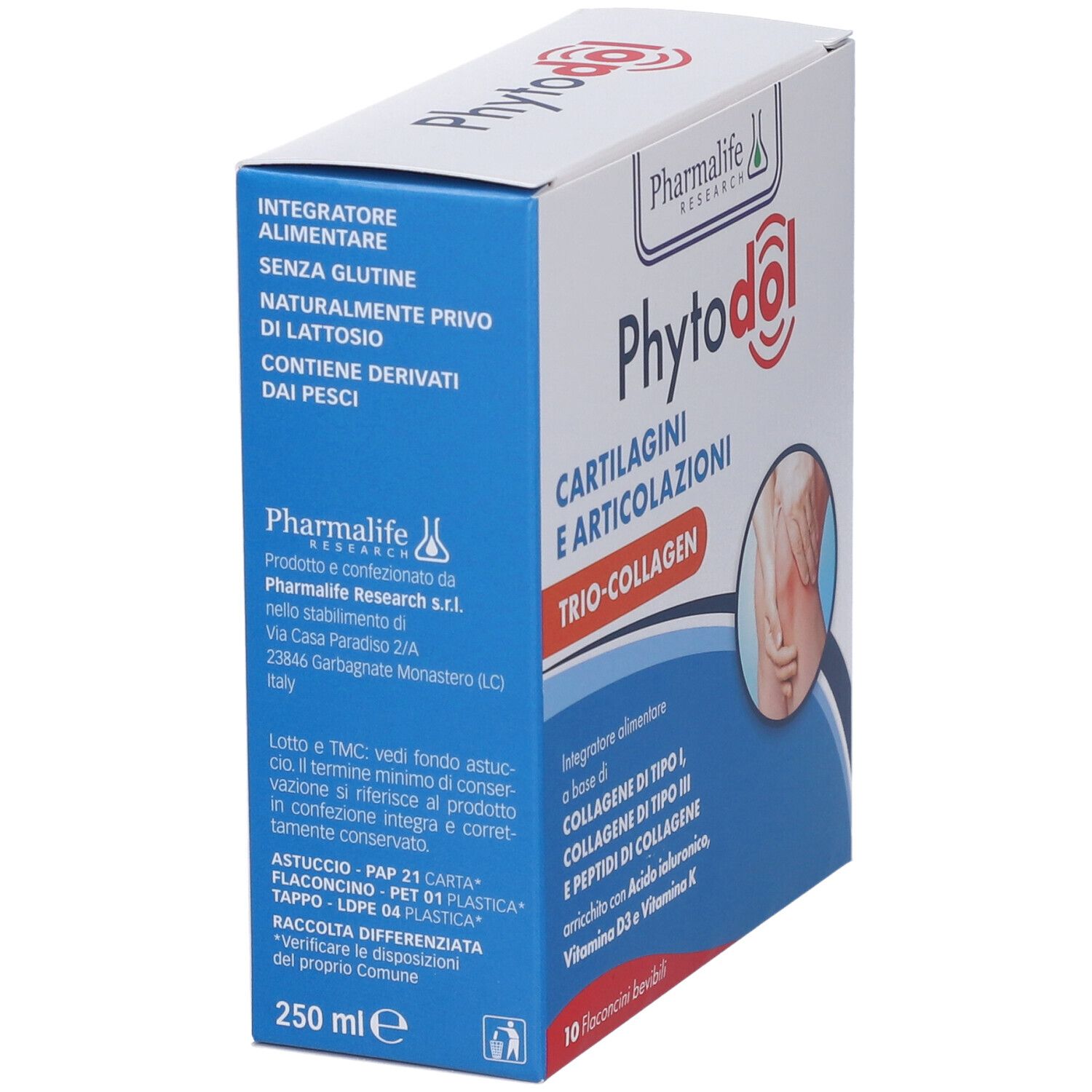 Scatola Phytodol Cartilagini Articolazioni Trio Collagen. Contiene 10 flaconcini. 250 ml. Senza glutine, senza lattosio.
