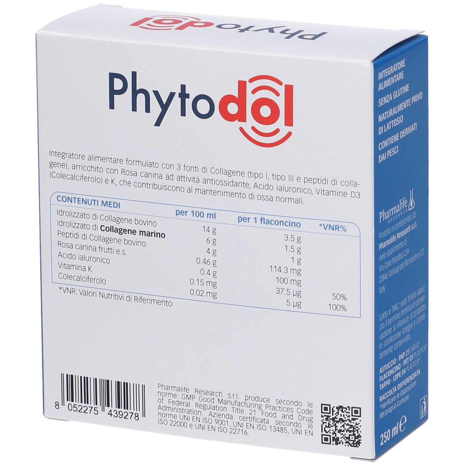 Scatola Phytodol Cartilagini Articolazioni Trio Collagen. Informazioni nutrizionali per flaconcino. 250 ml. 10 flaconcini.