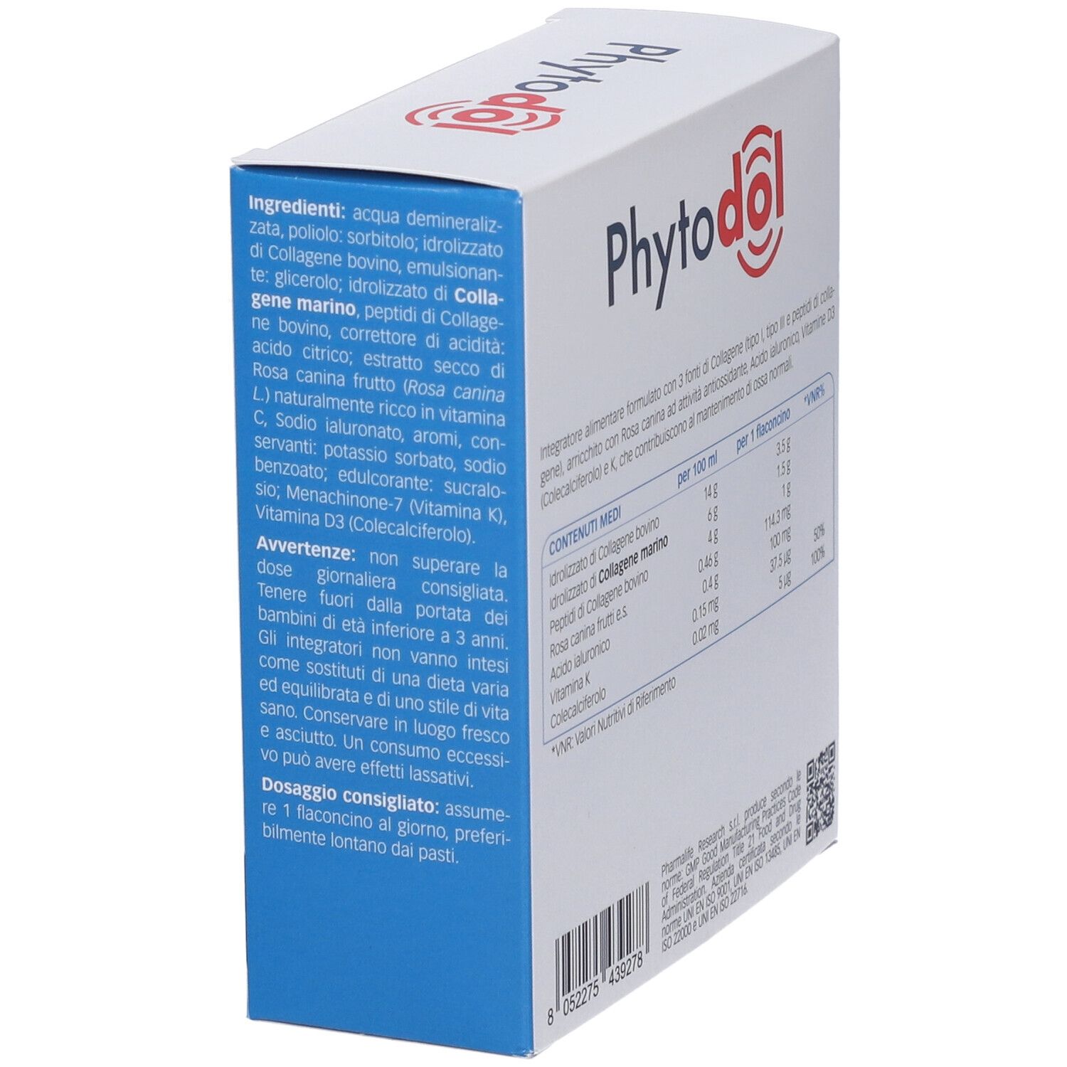 Scatola Phytodol Cartilagini Articolazioni Trio Collagen. Elenco ingredienti e istruzioni per l'uso. 250 ml.