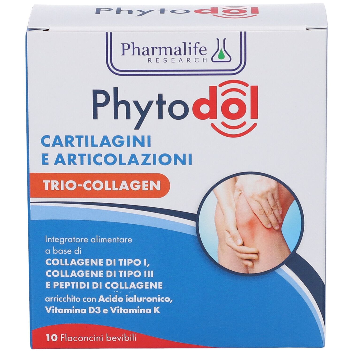 Scatola di Phytodol Cartilagini Articolazioni Trio Collagen. Mostra un ginocchio dolorante. 10 flaconcini.