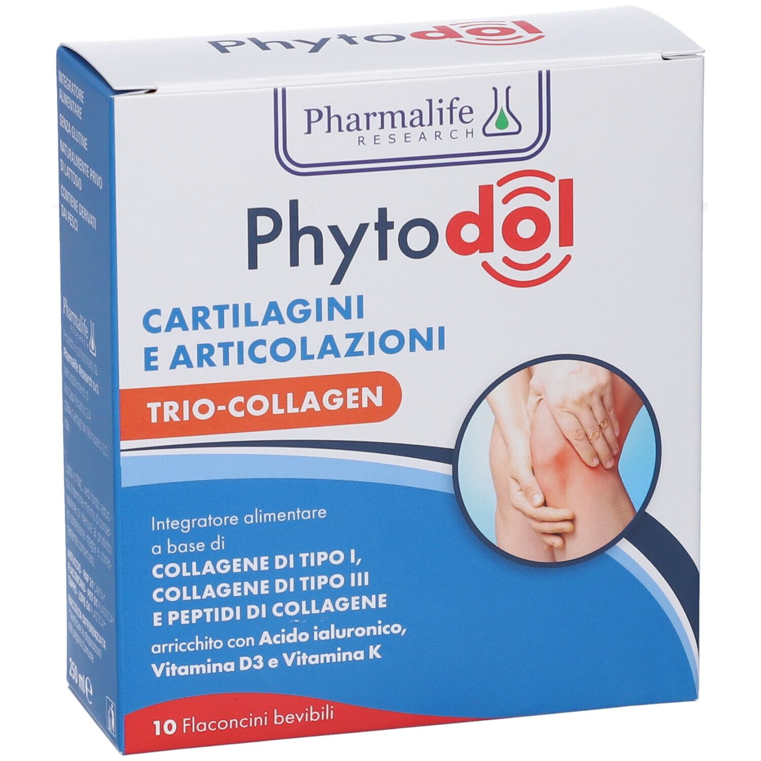 Scatola di Phytodol Cartilagini Articolazioni Trio Collagen. Mostra un ginocchio dolorante. 10 flaconcini.