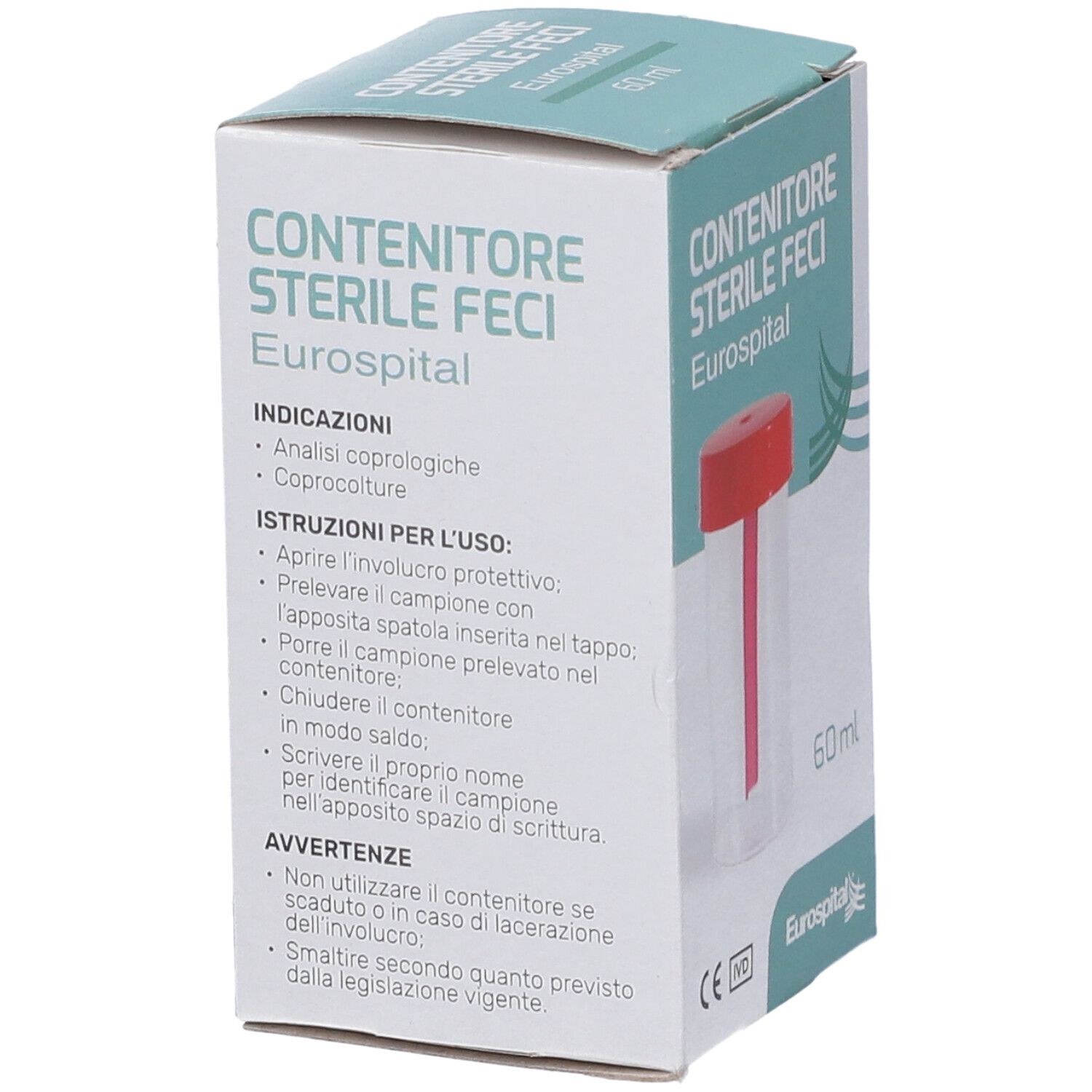 Confezione con nome del prodotto e istruzioni per l'uso del contenitore sterile per feci. Tappo rosso e bastoncino visibili.