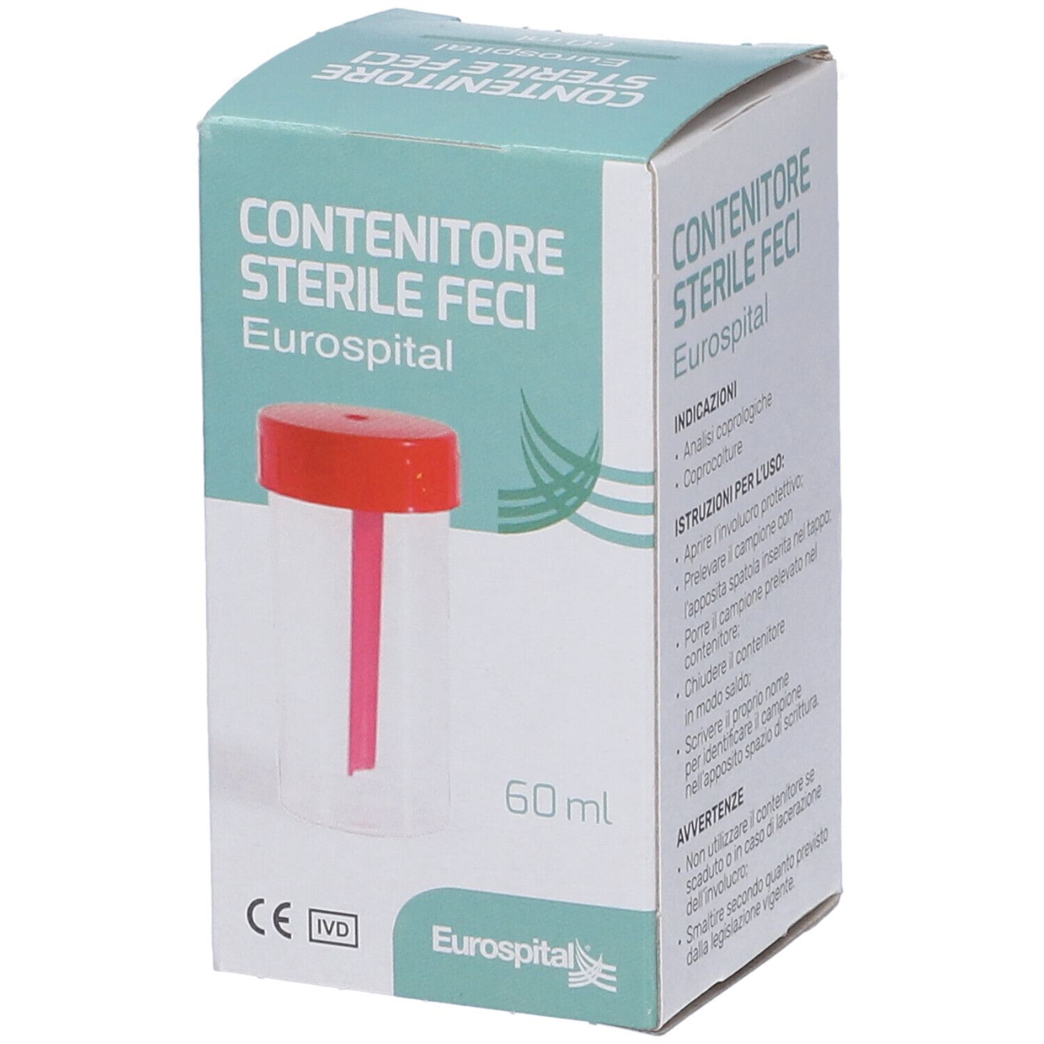 Confezione del contenitore sterile per feci con tappo rosso e bastoncino. Nome del prodotto e logo ben visibili.