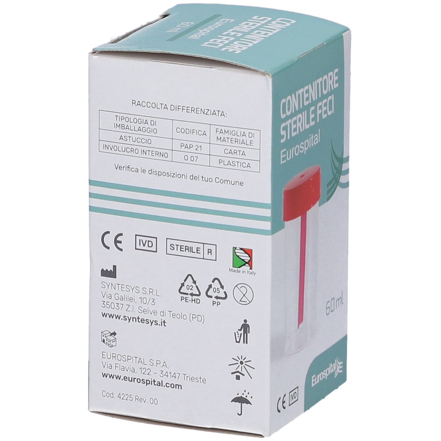 Confezione del contenitore sterile per feci con informazioni sullo smaltimento e certificazioni. Tappo rosso e bastoncino visibili.