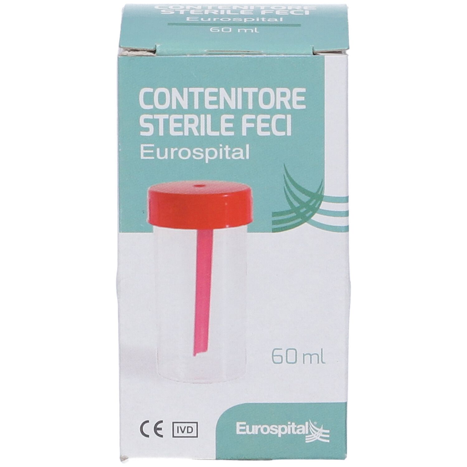Confezione del contenitore sterile per feci con tappo rosso e bastoncino. Nome del prodotto e logo ben visibili.