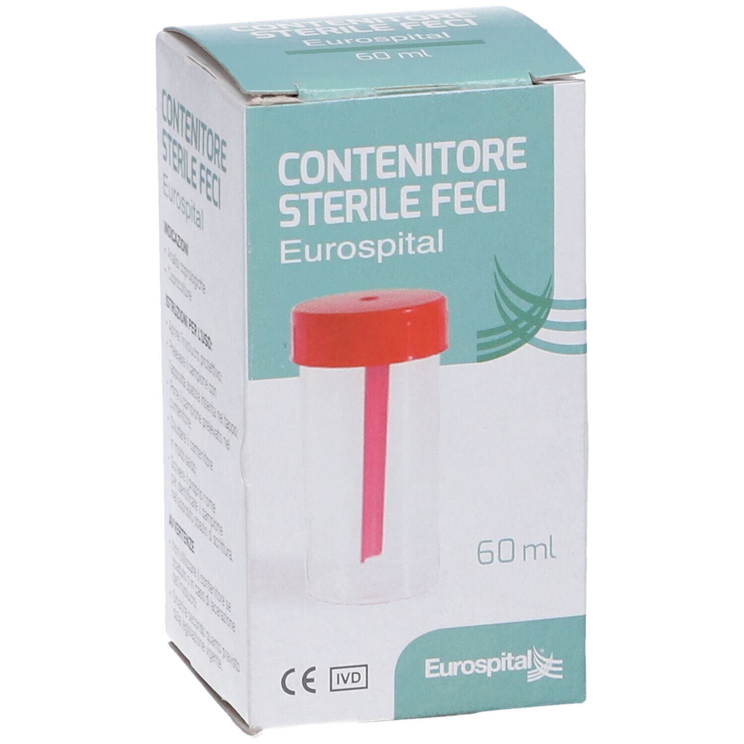 Confezione del contenitore sterile per feci con tappo rosso e bastoncino. Nome del prodotto e logo ben visibili.