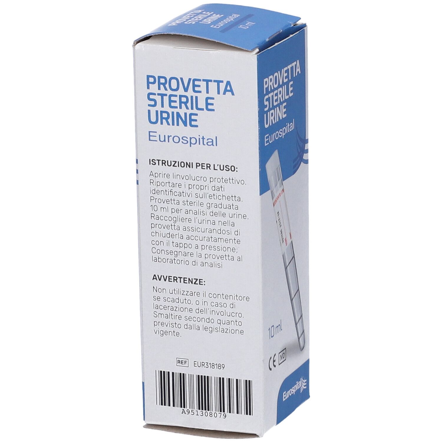 Vista laterale della confezione. Testo: Provetta Sterile Urine, Eurospital. Istruzioni e avvertenze. Marchio CE.