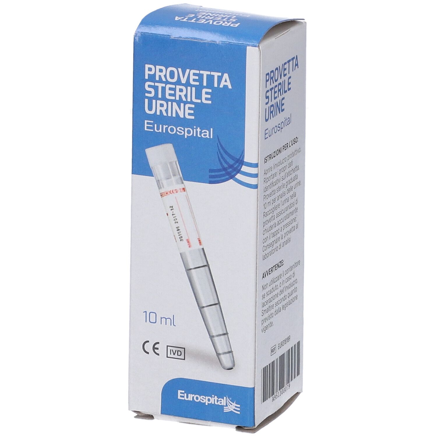 Confezione in cartone Provetta Sterile Urine. Scritta Eurospital, 10 ml, marchio CE. Tubo di prova visibile.